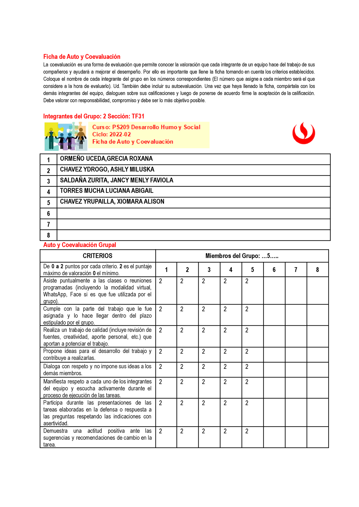 Ficha De Auto Y Coevaluación-Grupo 2 - Ficha De Auto Y Coevaluación La ...