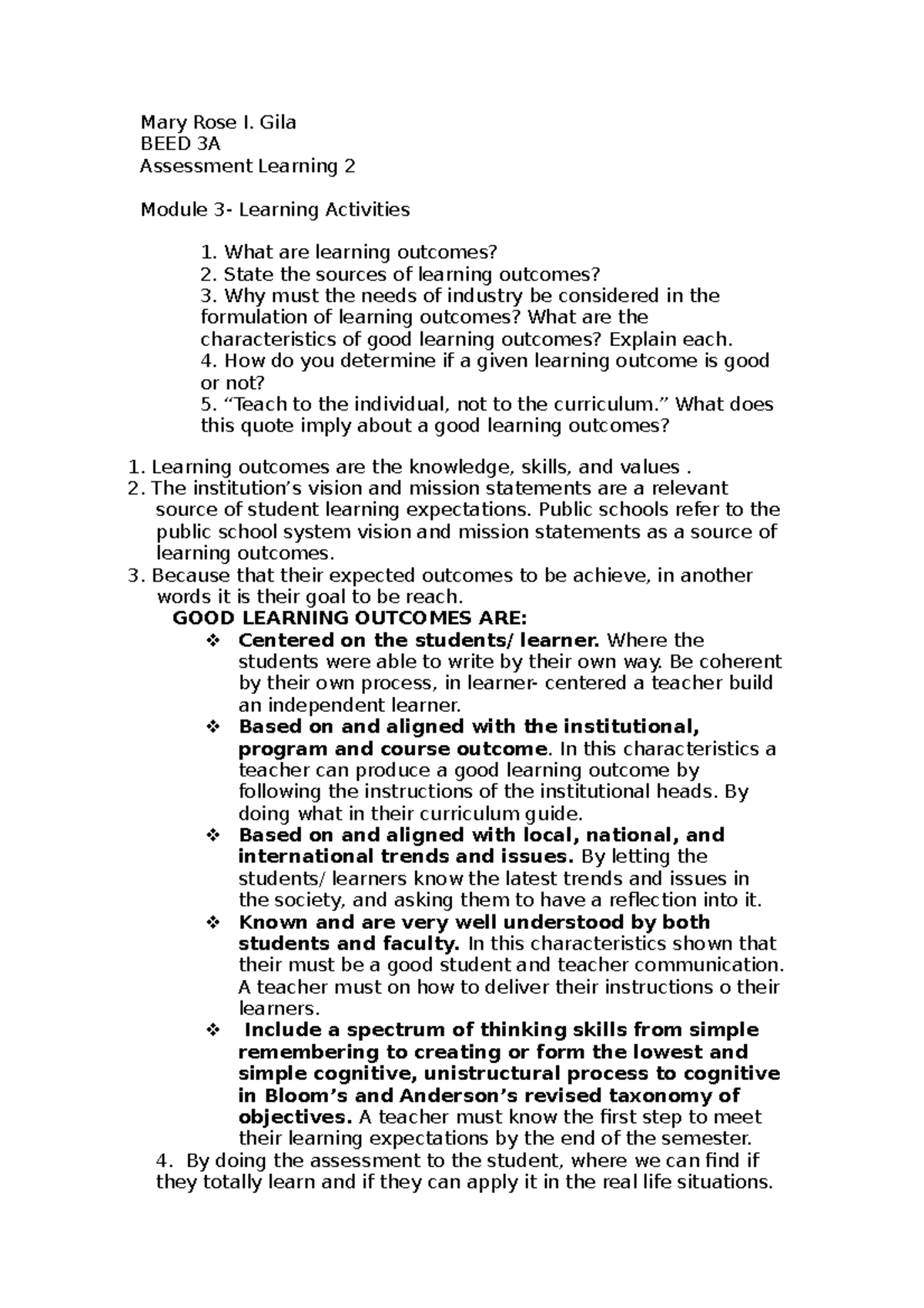 Assessment learning module 3 - Mary Rose I. Gila BEED 3A Assessment ...