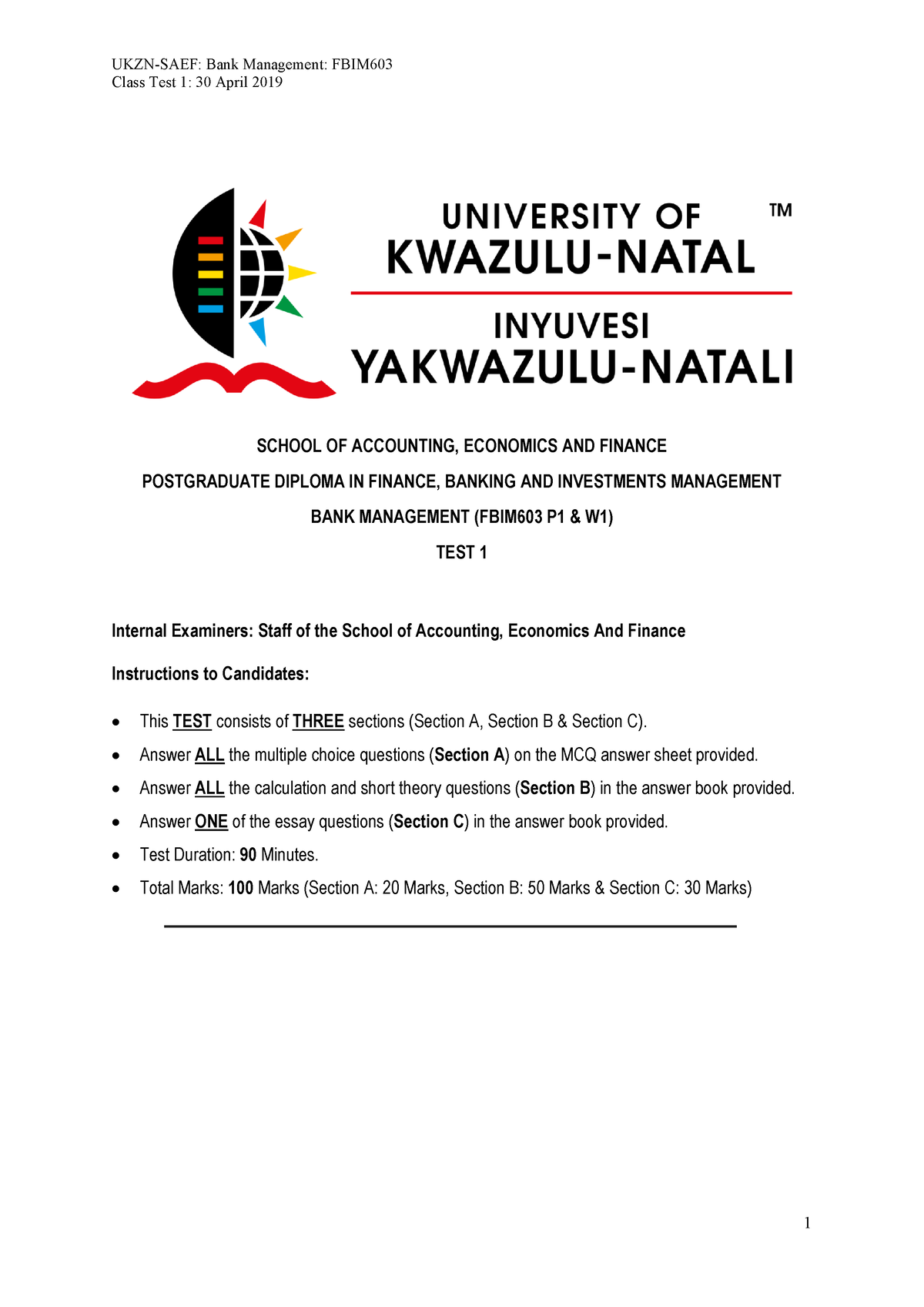 2019 Class Test - Past paper - Class Test 1: 30 April 2019 SCHOOL OF ...