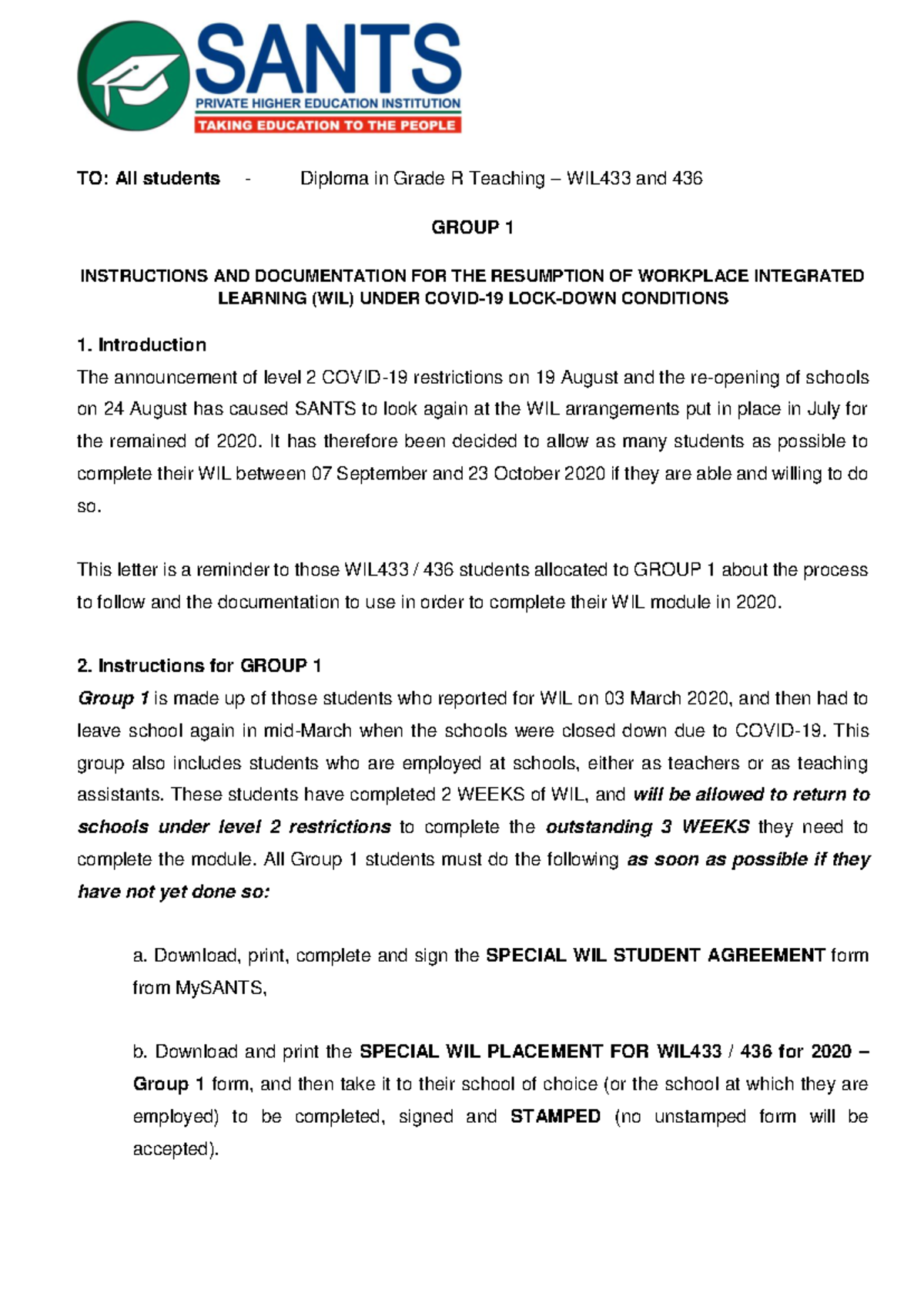 WIL Resumption WIL433 436 Group 1 - TO: All students - Diploma in Grade ...
