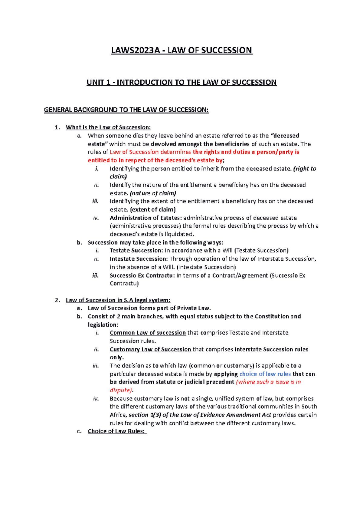 Notes law of Succession - LAWS2023A - LAW OF SUCCESSION UNIT 1 ...