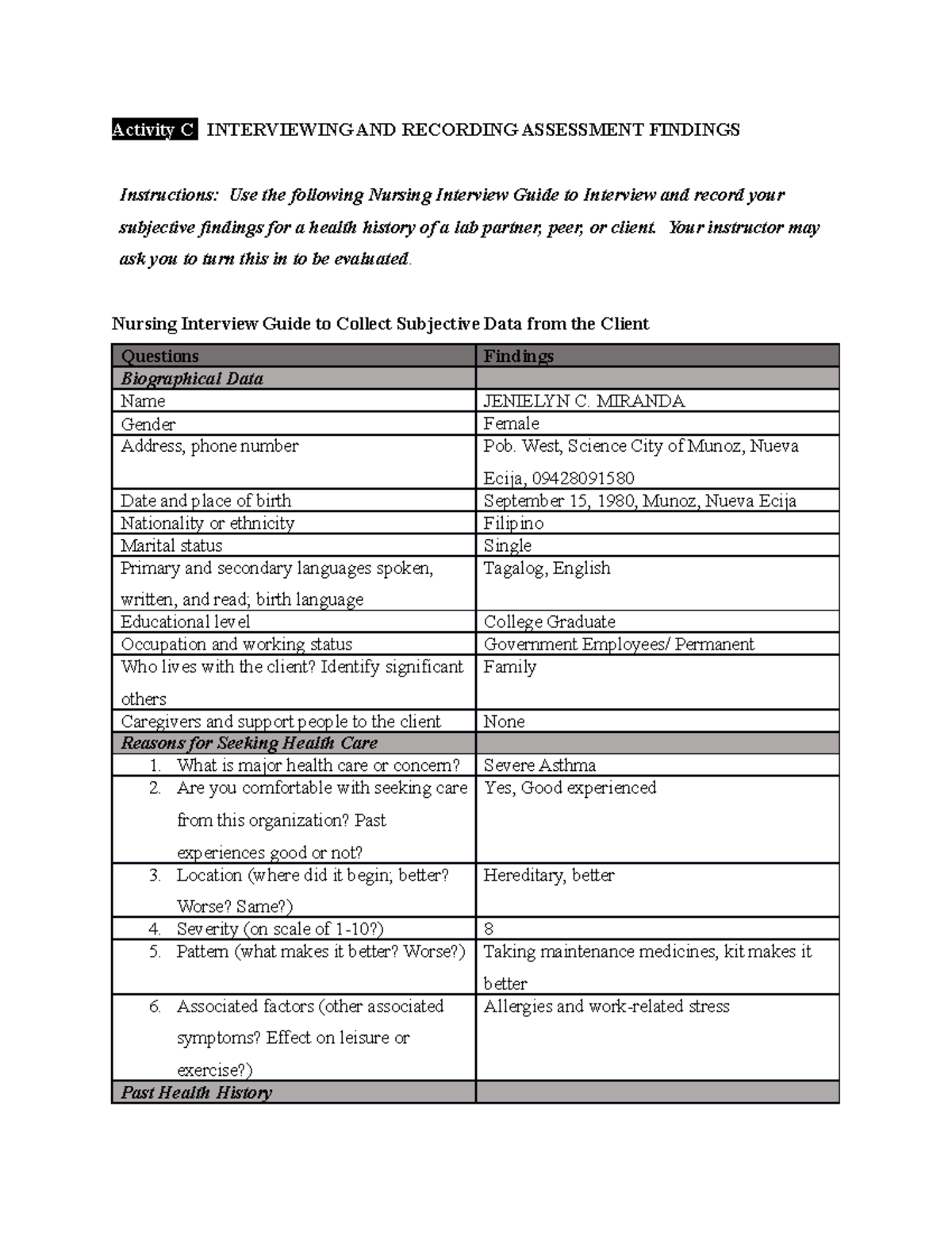 Nursing Interview - Assignment - Activity C INTERVIEWING AND RECORDING ...