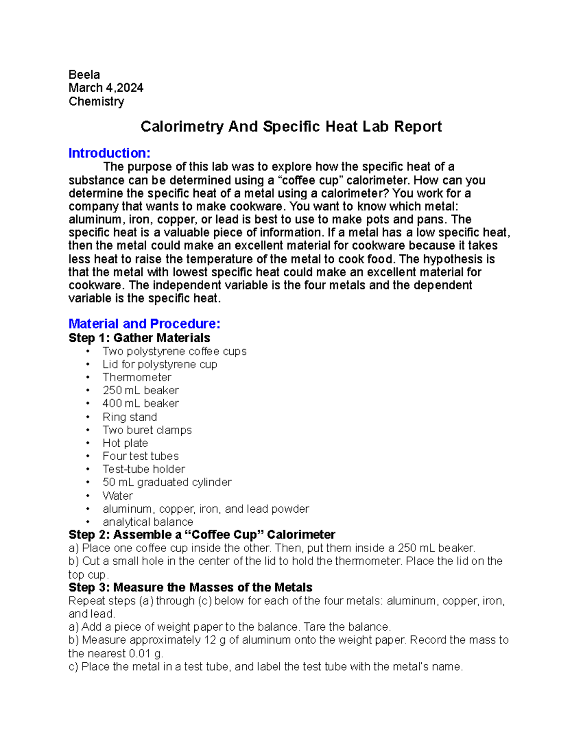 Beela 2 - nothing special - Beela March 4, Chemistry Calorimetry And