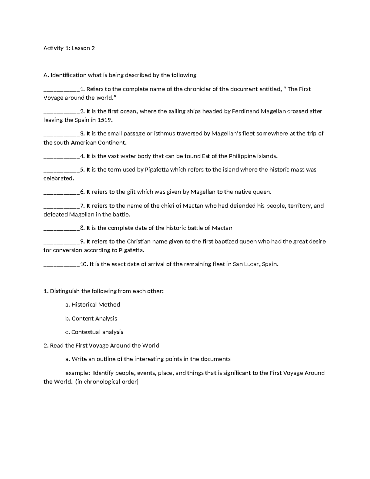 Chapter-2 Lesson-1 - questions about the first voyage around the world ...