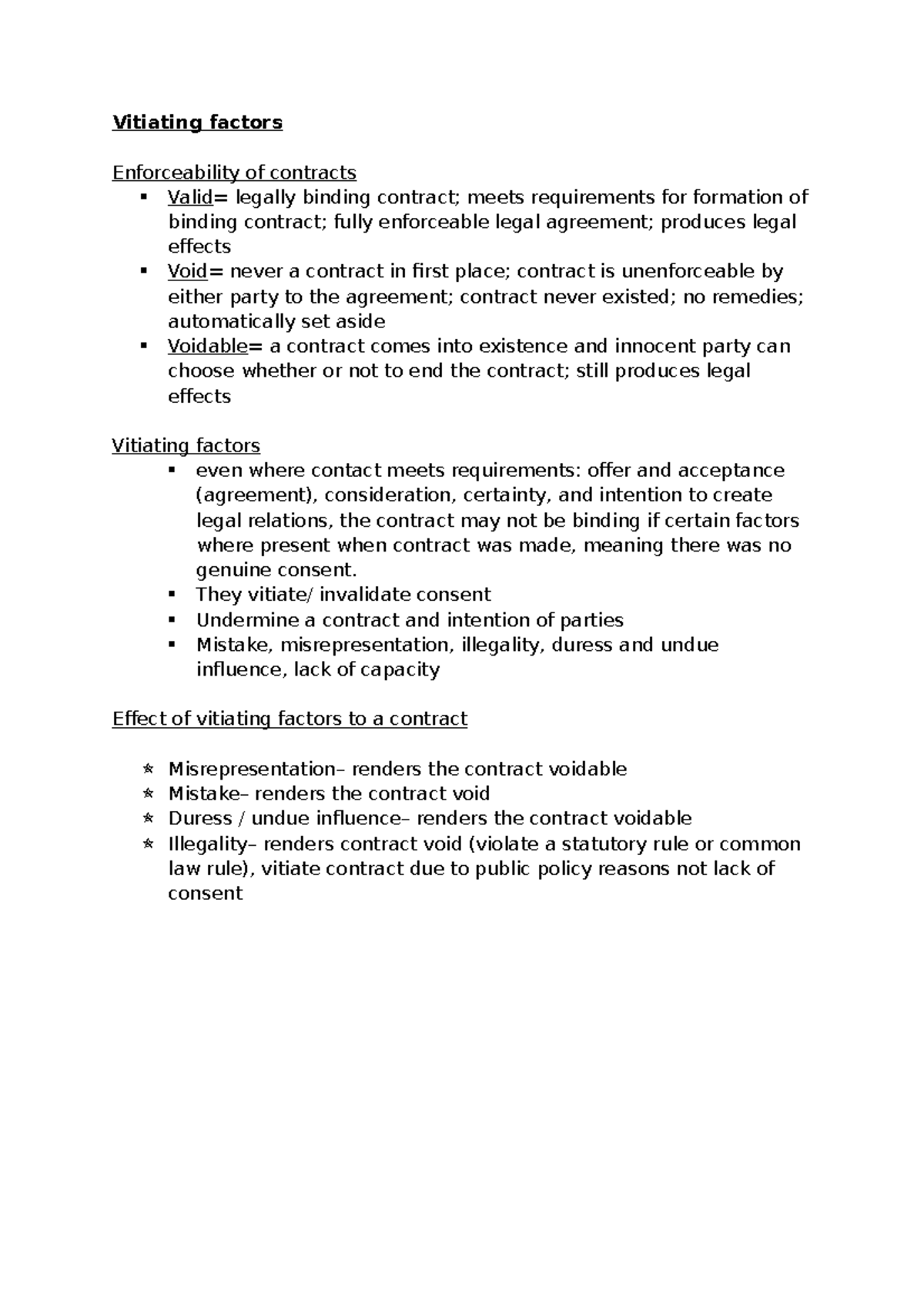 lecture notes- vitiating factors contract law. - LAW1121 - NCL - Studocu