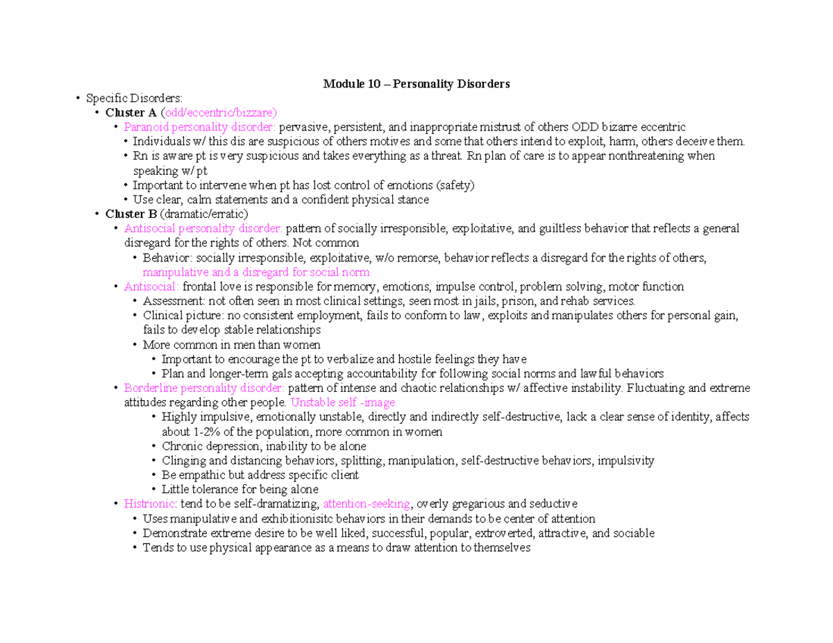 Mental Final - Module 10 – Personality Disorders Specific Disorders ...