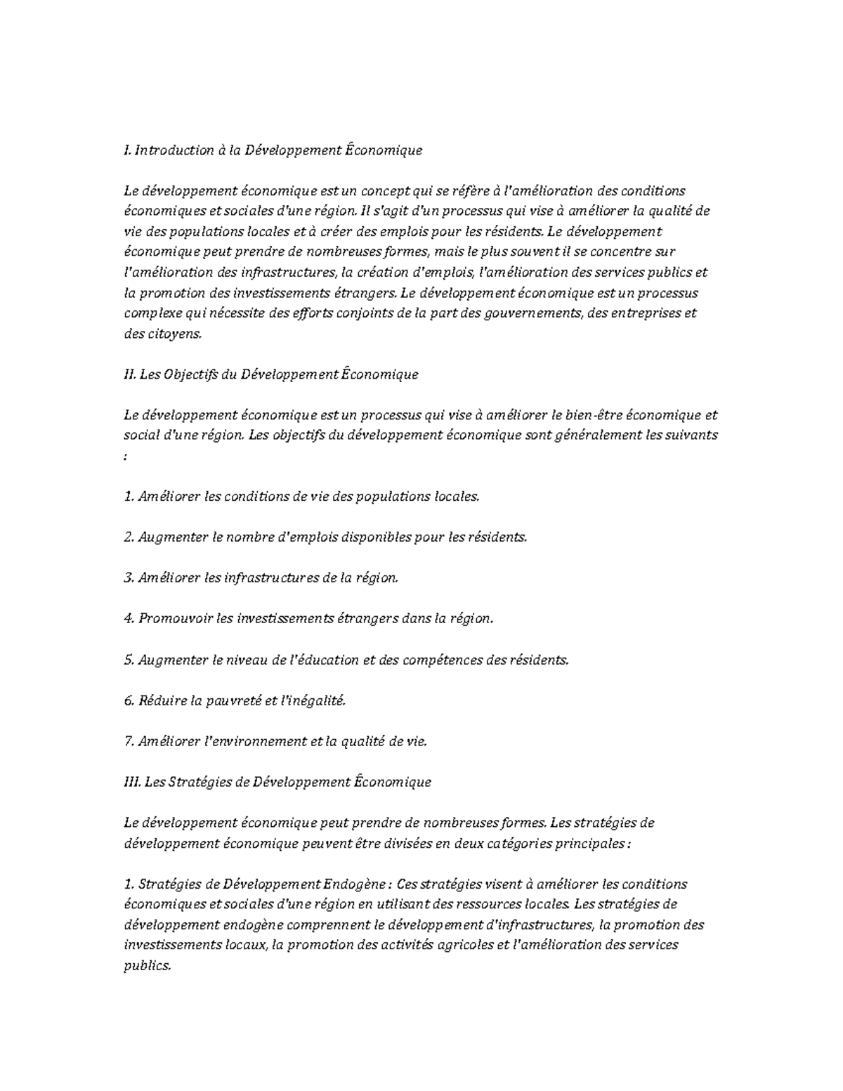 Economic Development note study - I. Introduction à la Développement ...