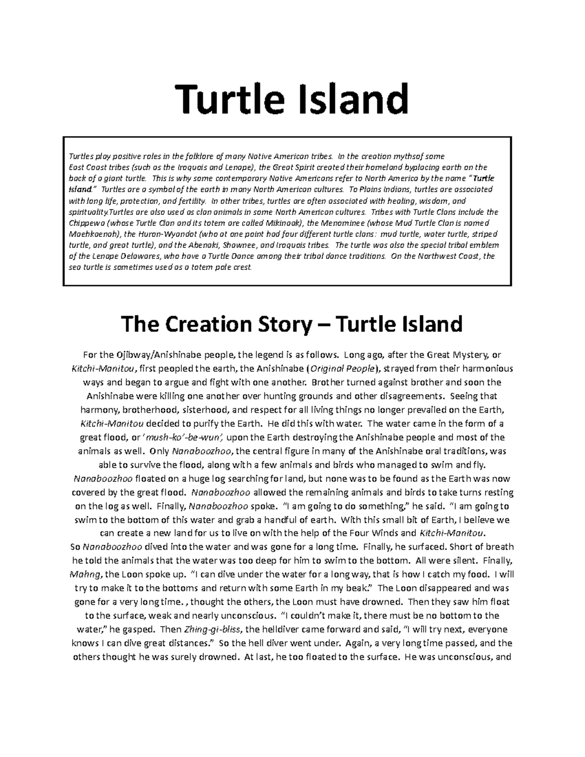 the role of animals in creation stories Turtle Island
