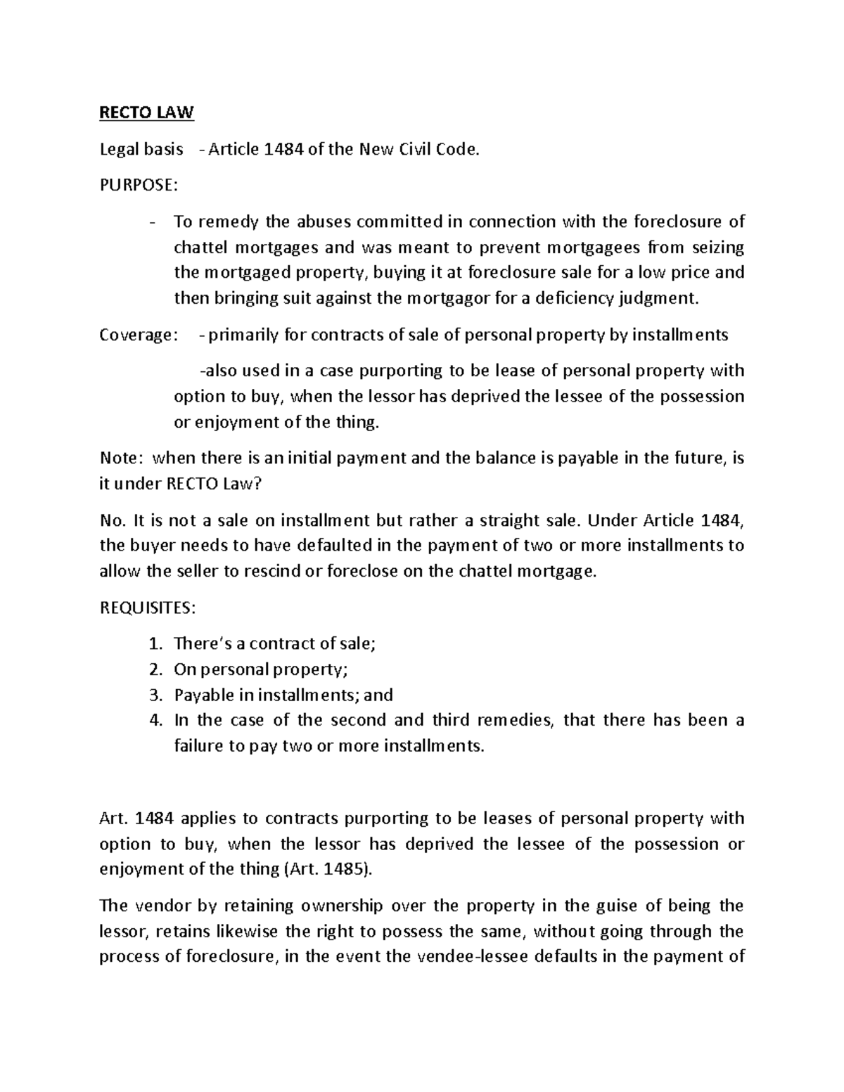 Recto and maceda law RECTO LAW Legal basis Article 1484 of the New