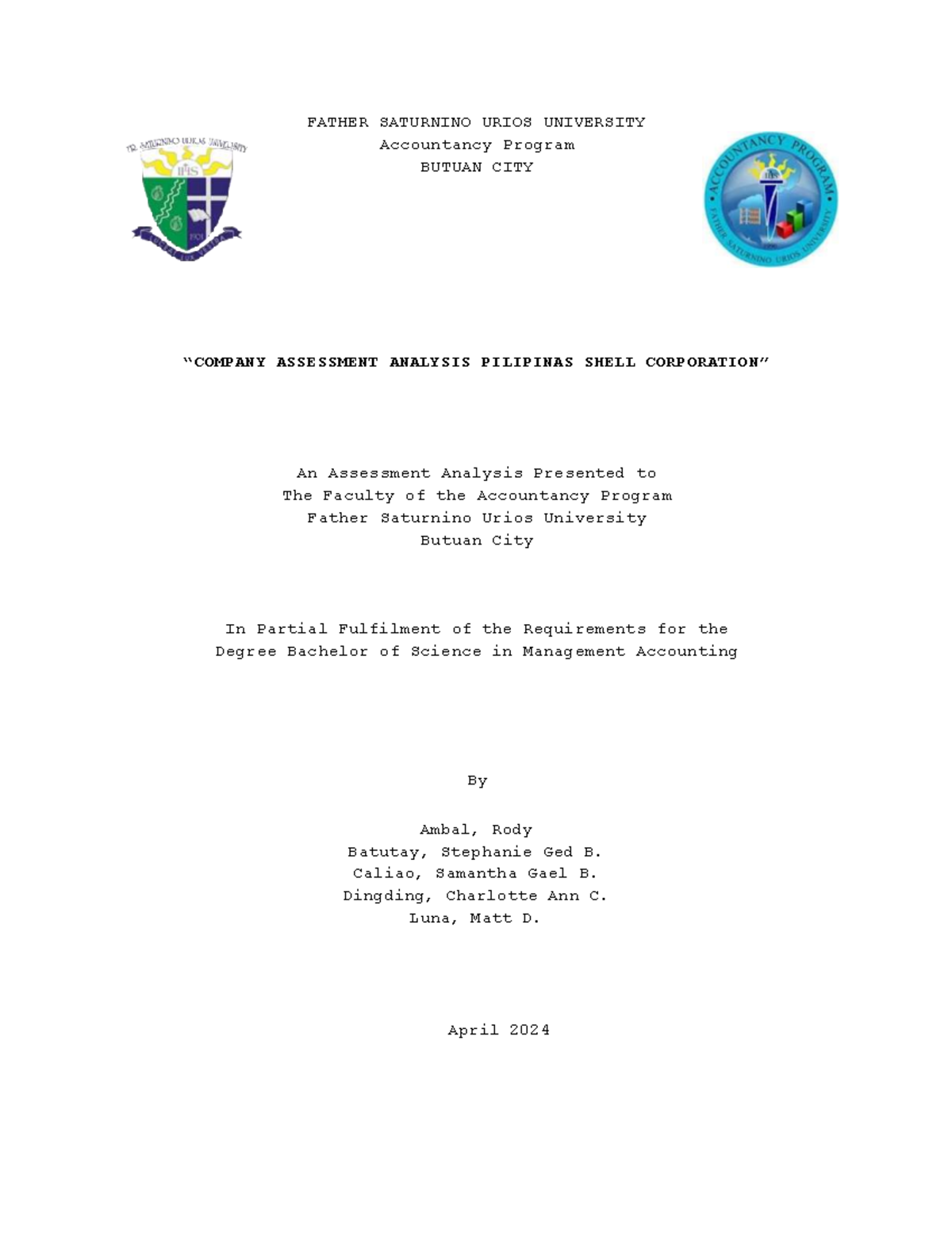 Shell assessment - HHDIAYSSDVJZSFGLSWE - FATHER SATURNINO URIOS ...