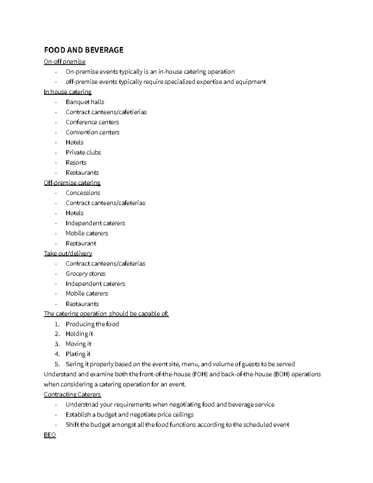 FOOD AND Beverage In class notes FOOD AND BEVERAGE Onoff premise