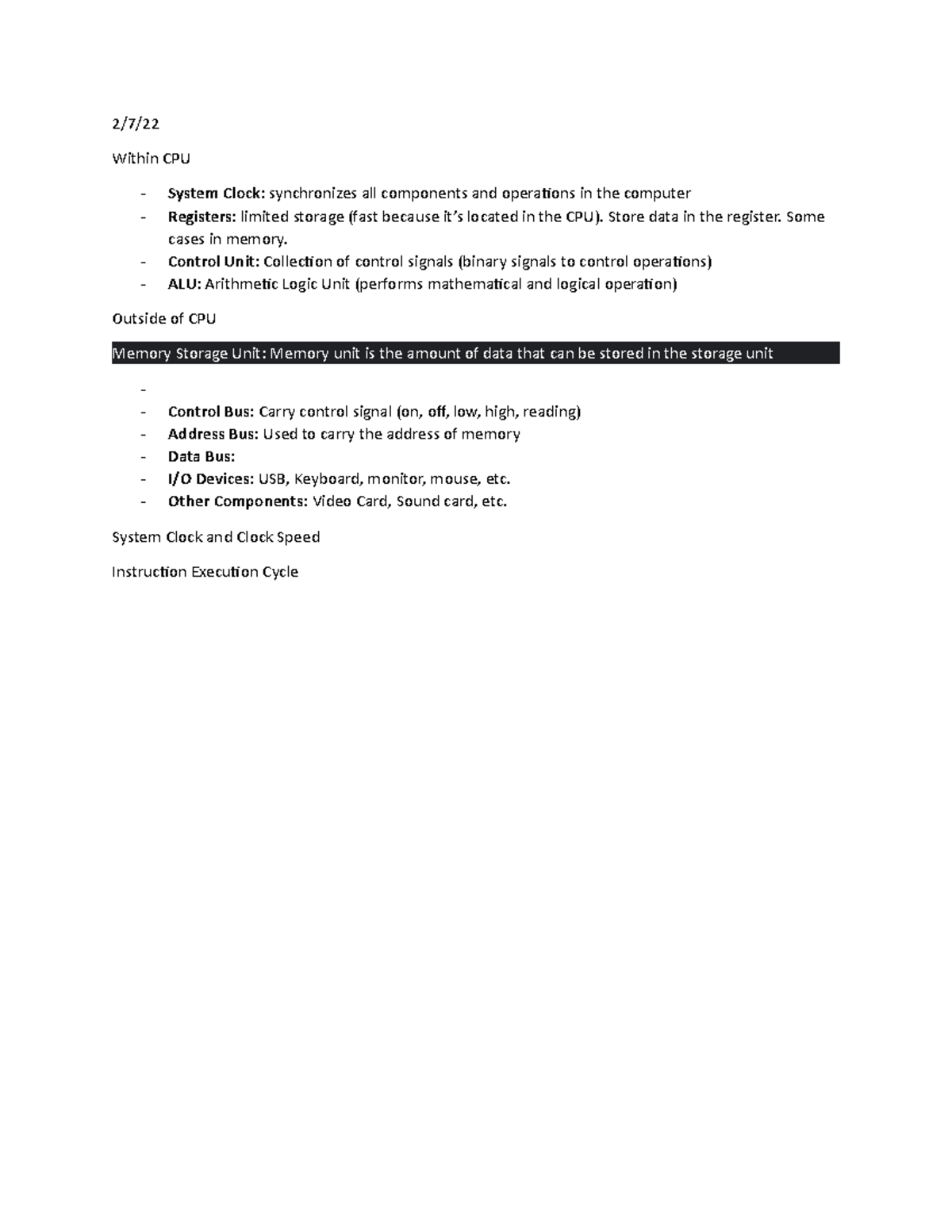 CMPE 102 #2 CPUparts - 2/7/ Within CPU System Clock : synchronizes all ...