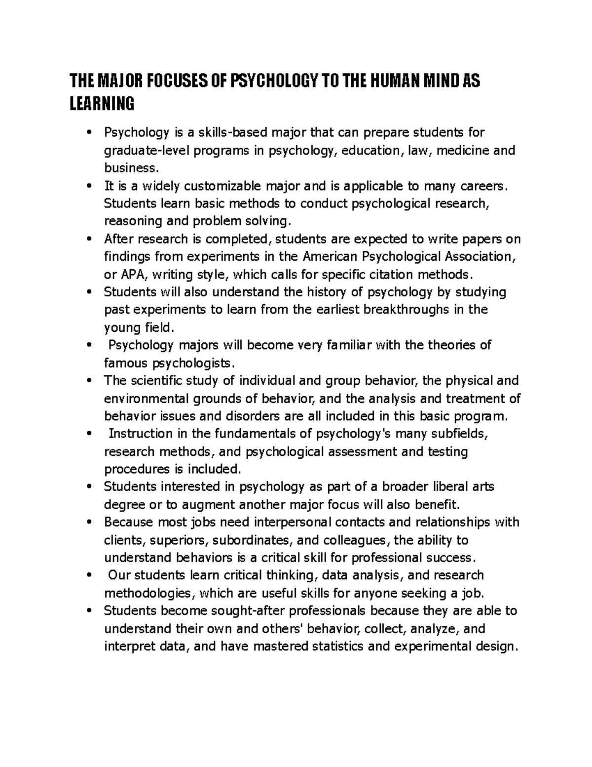 THE Major Focuses OF Psychology TO THE Human MIND AS Learning THE