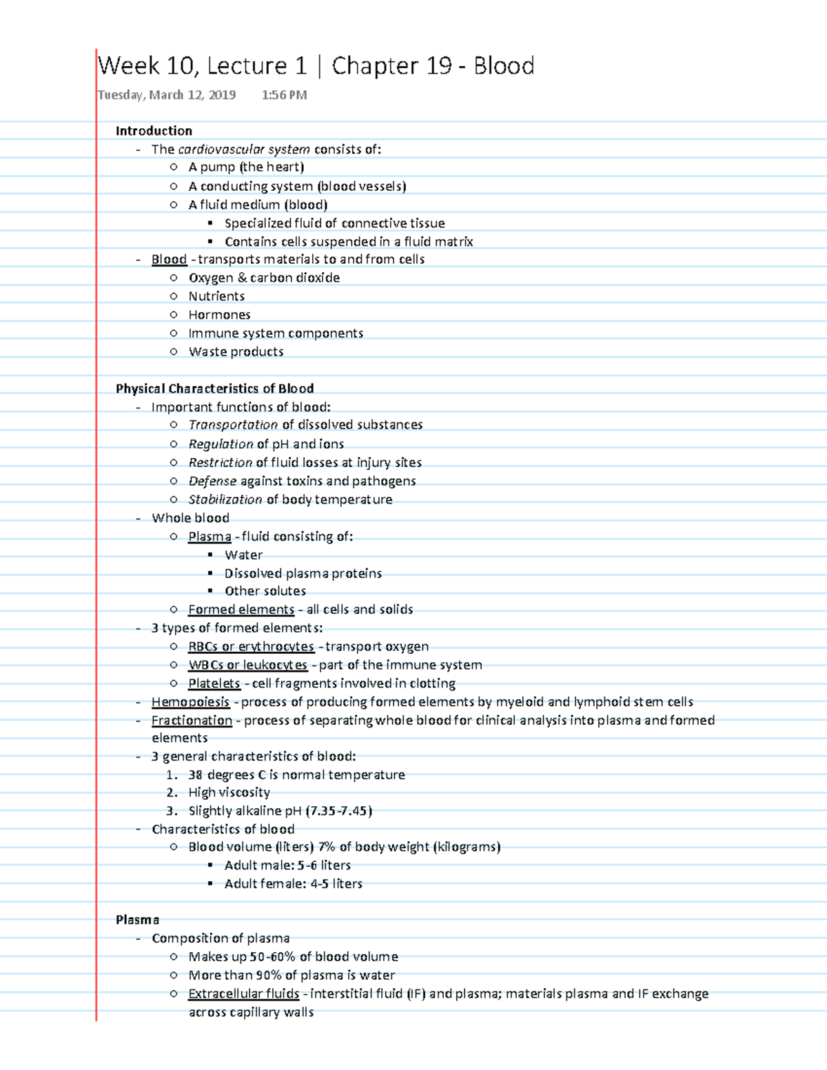 Chapter 19 - Blood - Introduction The cardiovascular systemconsists of ...