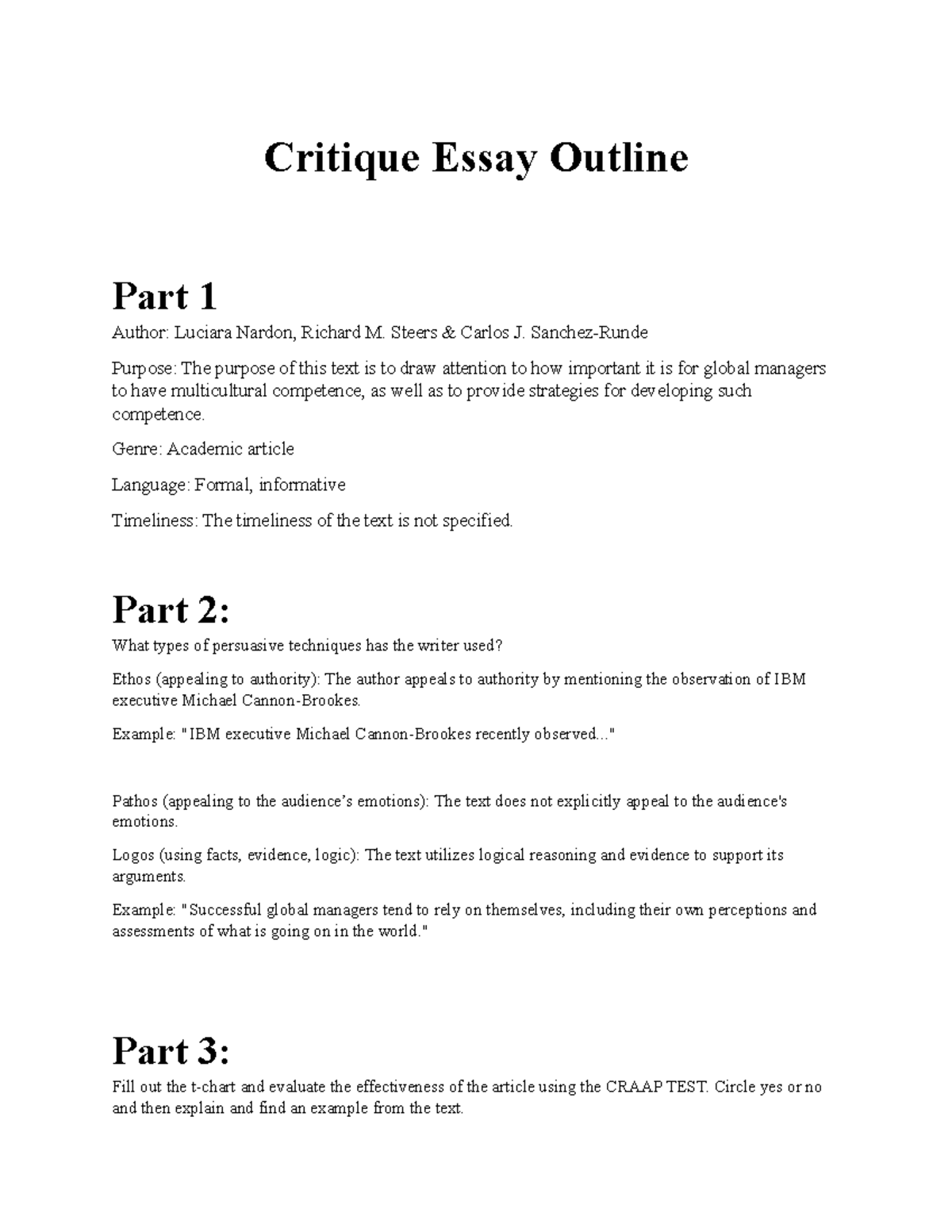 critique essay outline and draft