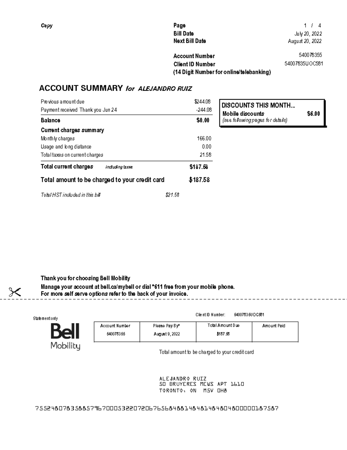 Bell PDF - look - Copy Page 1 4 / Bill Date July 20, 2022 Next Bill ...