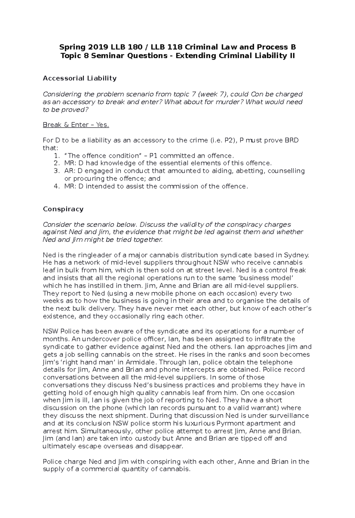 Topic 8 Extending Criminal Liabilty II - Seminar Question - Spring 2019 ...