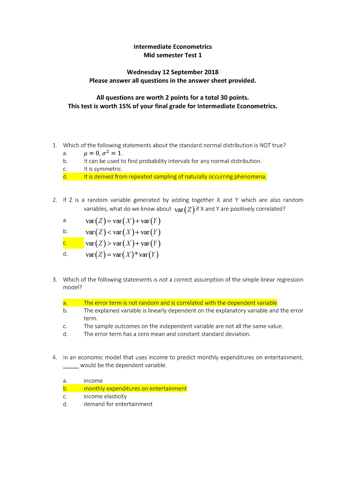 Test 1 30 May 2018, Questions And Answers - Intermediate Econometrics ...