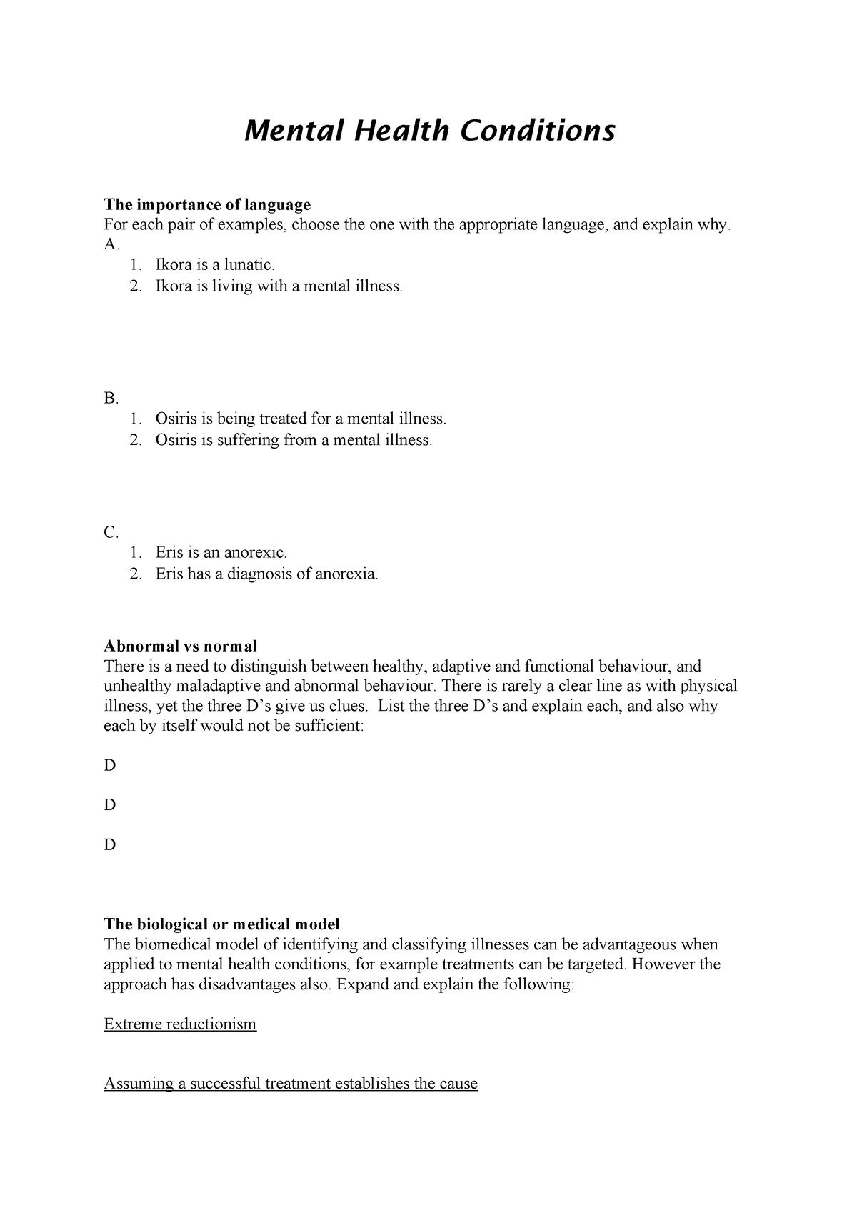 Student notes for Mental Health conditions tutorial - Mental Health ...