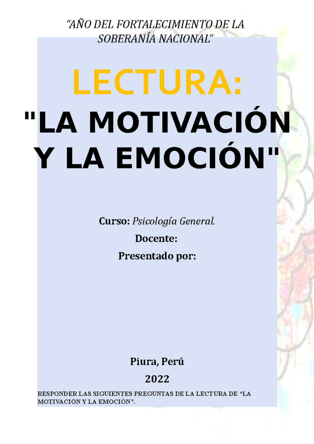 Lectura La Motivación Y La Emoción Curso Psicología General Docente