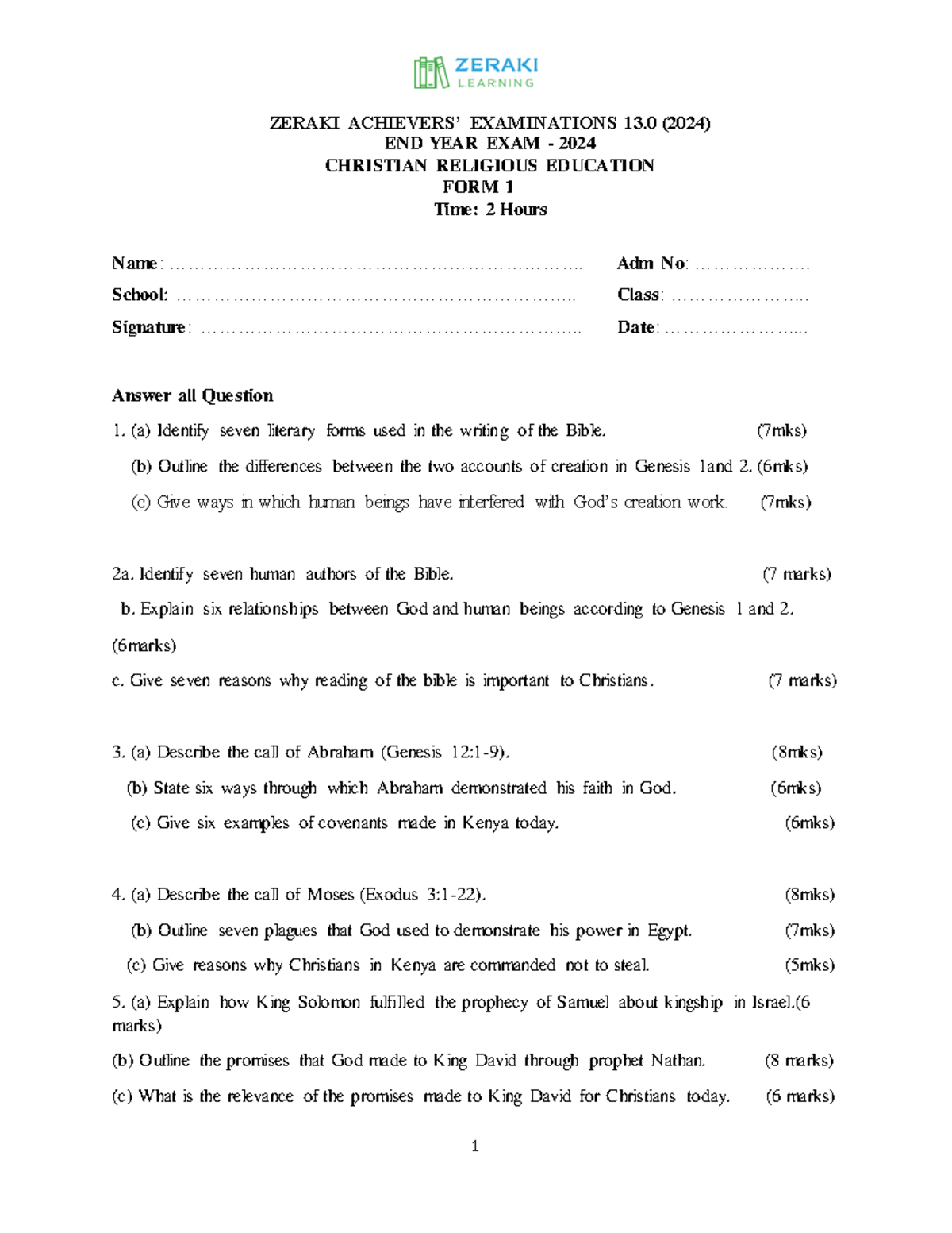 C.R.E. - CRE - Question Paper - 1 ZERAKI ACHIEVERS’ EXAMINATIONS 13 ...