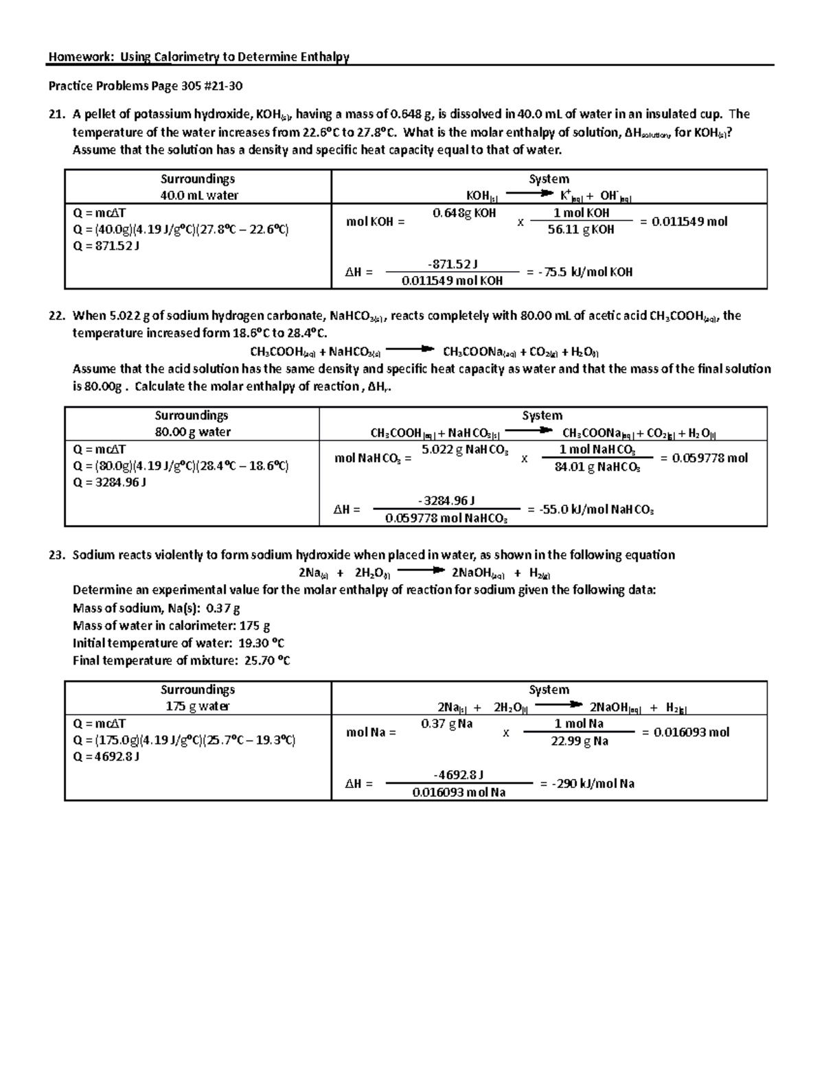 Homework - Determing Enthalpy Using Calorimetry - Homework: Using ...