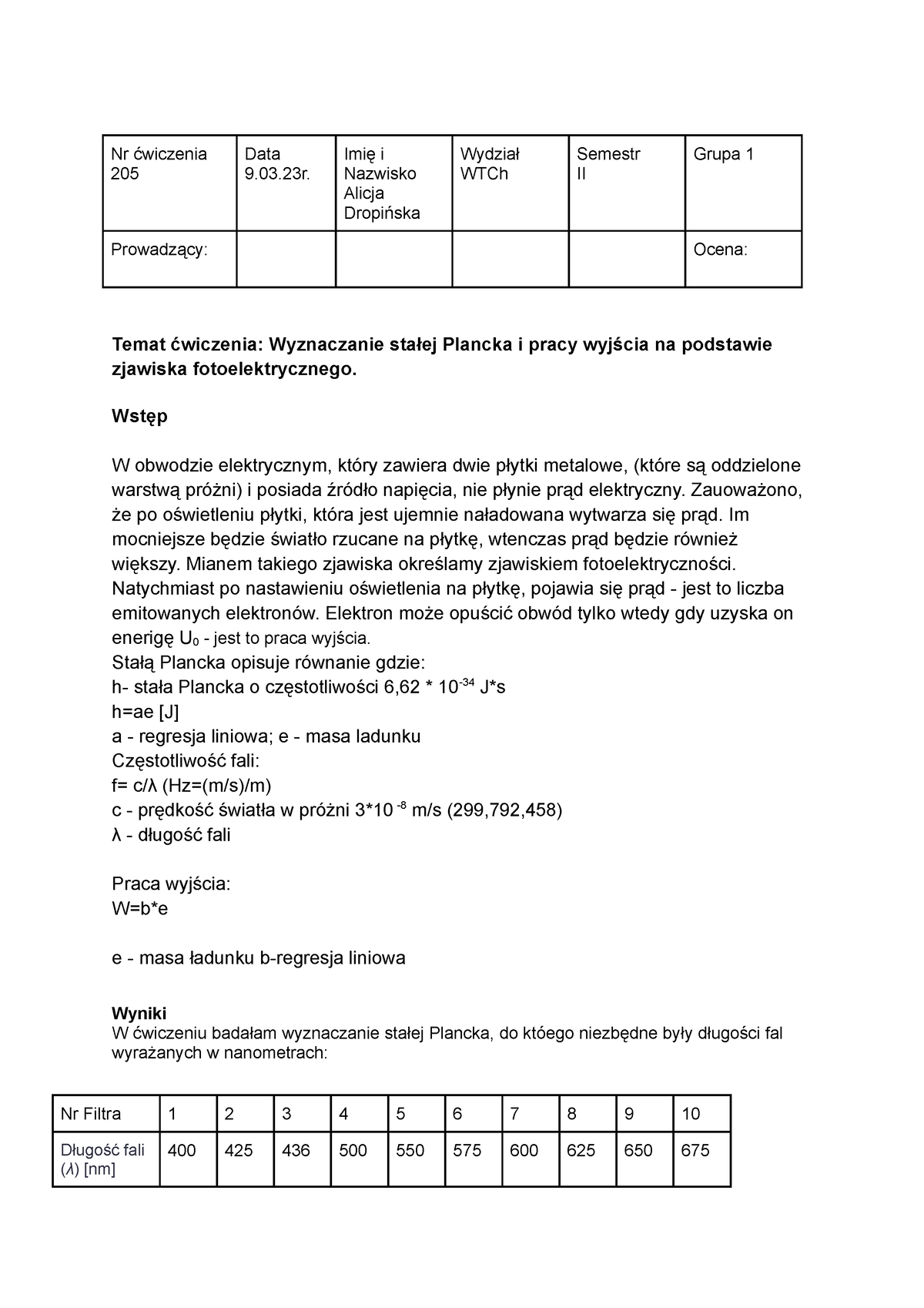 Fizyka Sprawozdanie - Wyznaczanie Stałej Plancka - Nr ćwiczenia 205 ...