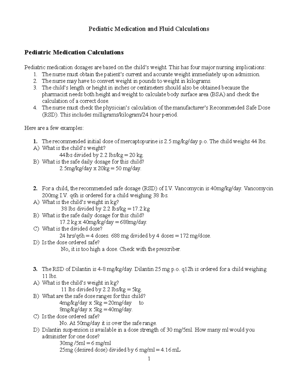 Pediatric Medication Calculations Examples Pediatric Medication And 