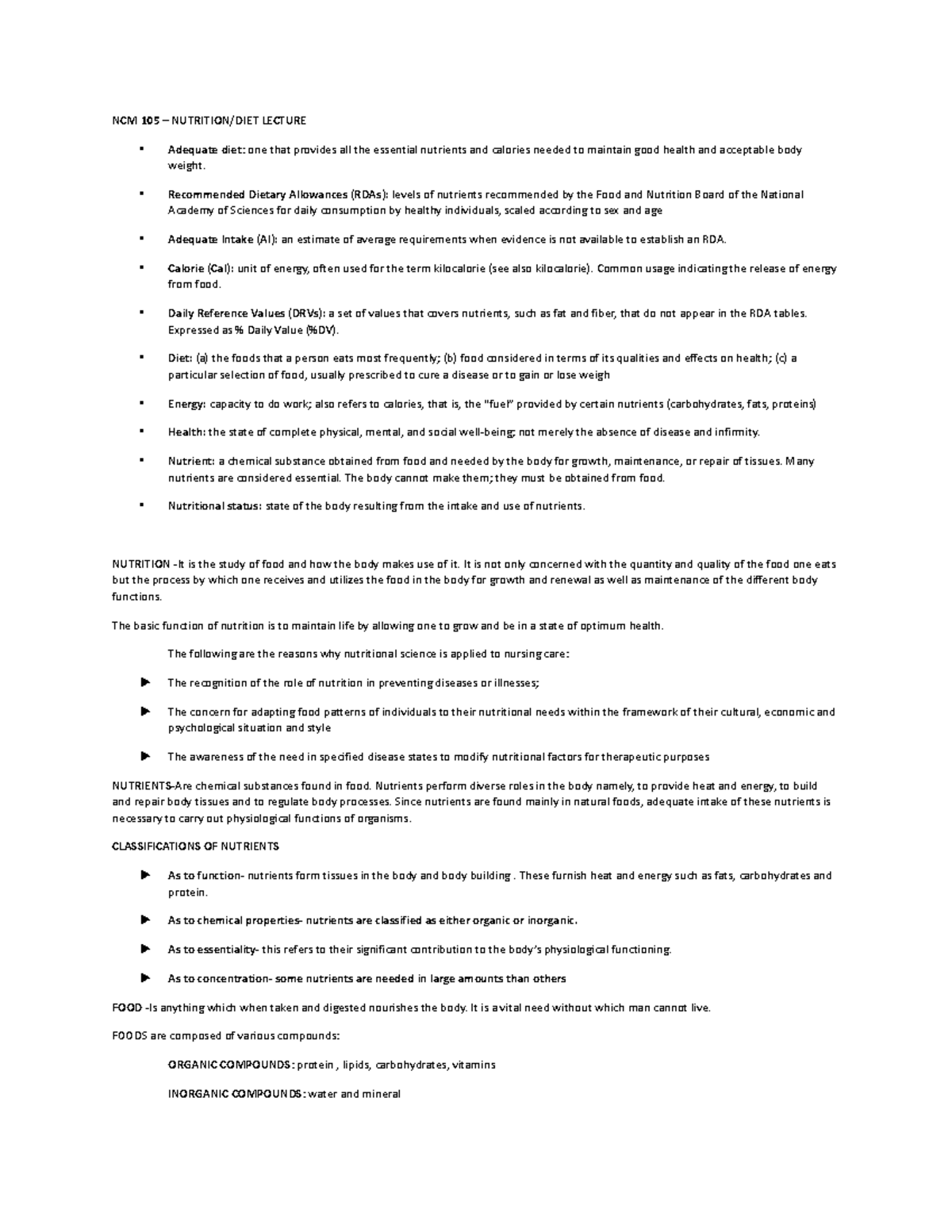 NCM-105- Lecture - Wvbr - NCM 105 – NUTRITION/DIET LECTURE Adequate ...