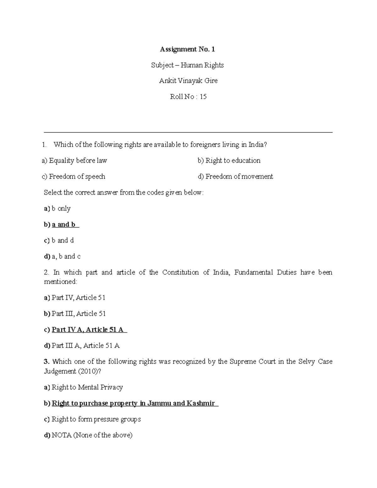 Human Rights Assignment - Assignment No. 1 Subject – Human Rights Ankit ...