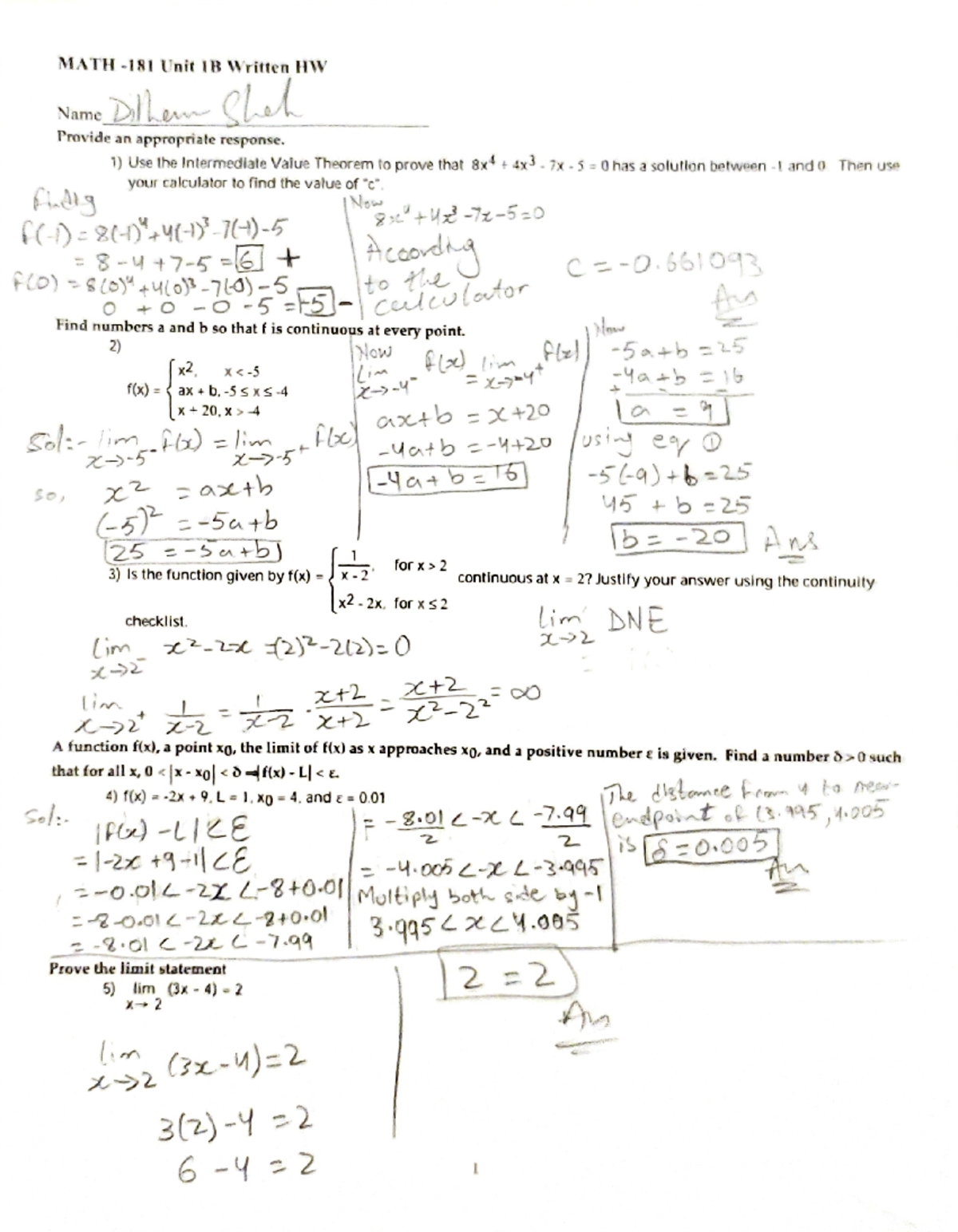 unit 1 limits practice homework - MATH Unit IB Written HW Name Dithern ...