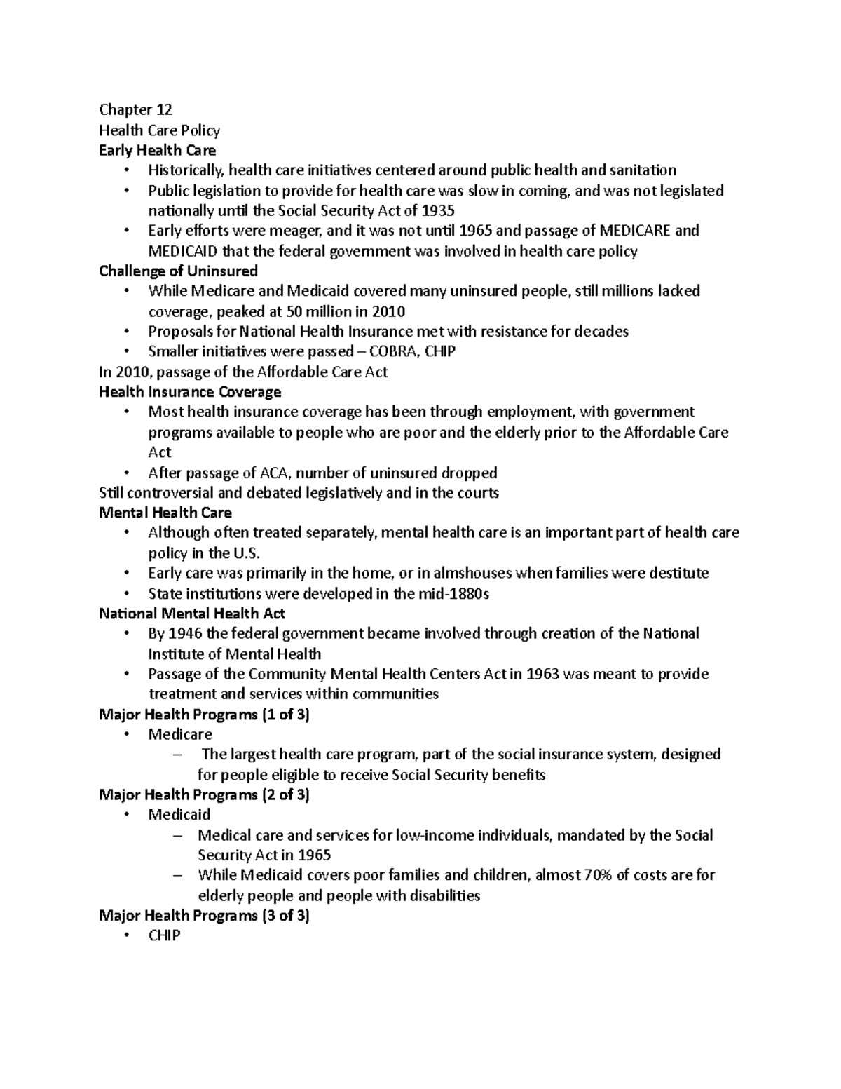 Chapter 12 Health Care Policy - Chapter 12 Health Care Policy Early ...