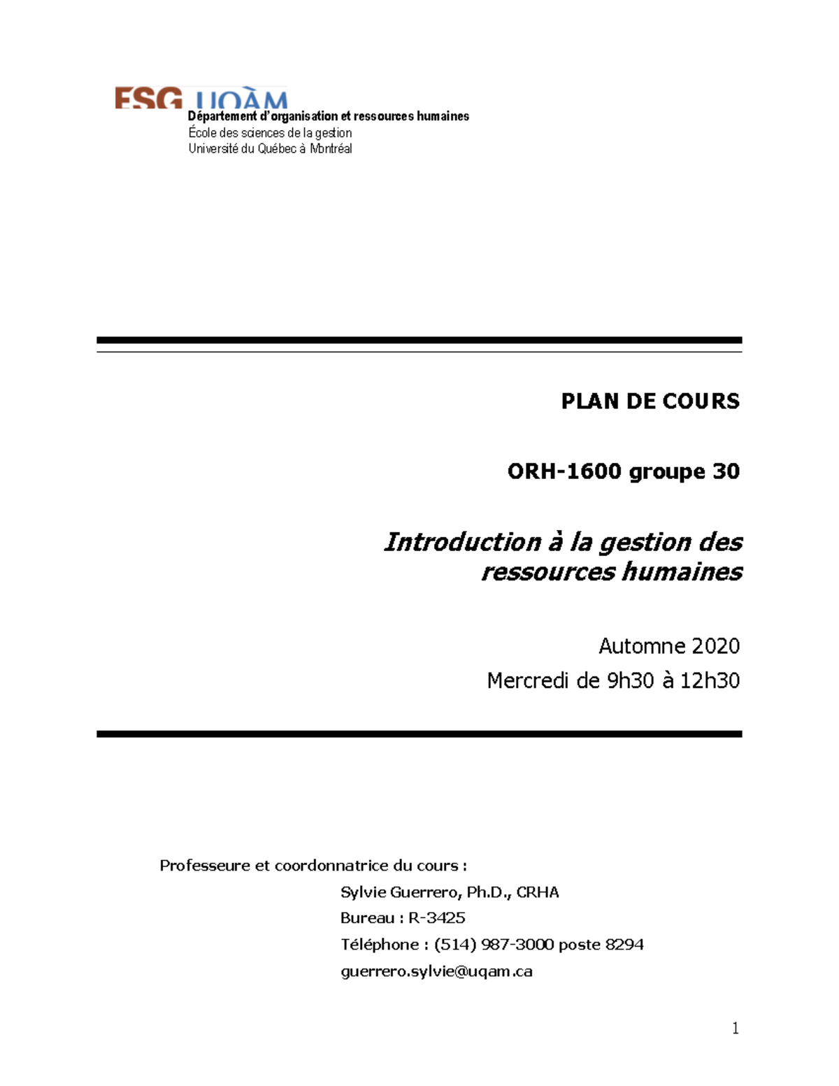 SYL-ORH1600-AUT 2020 Plan De Cours - 1 PLAN DE COURS ORH -1600 Groupe ...