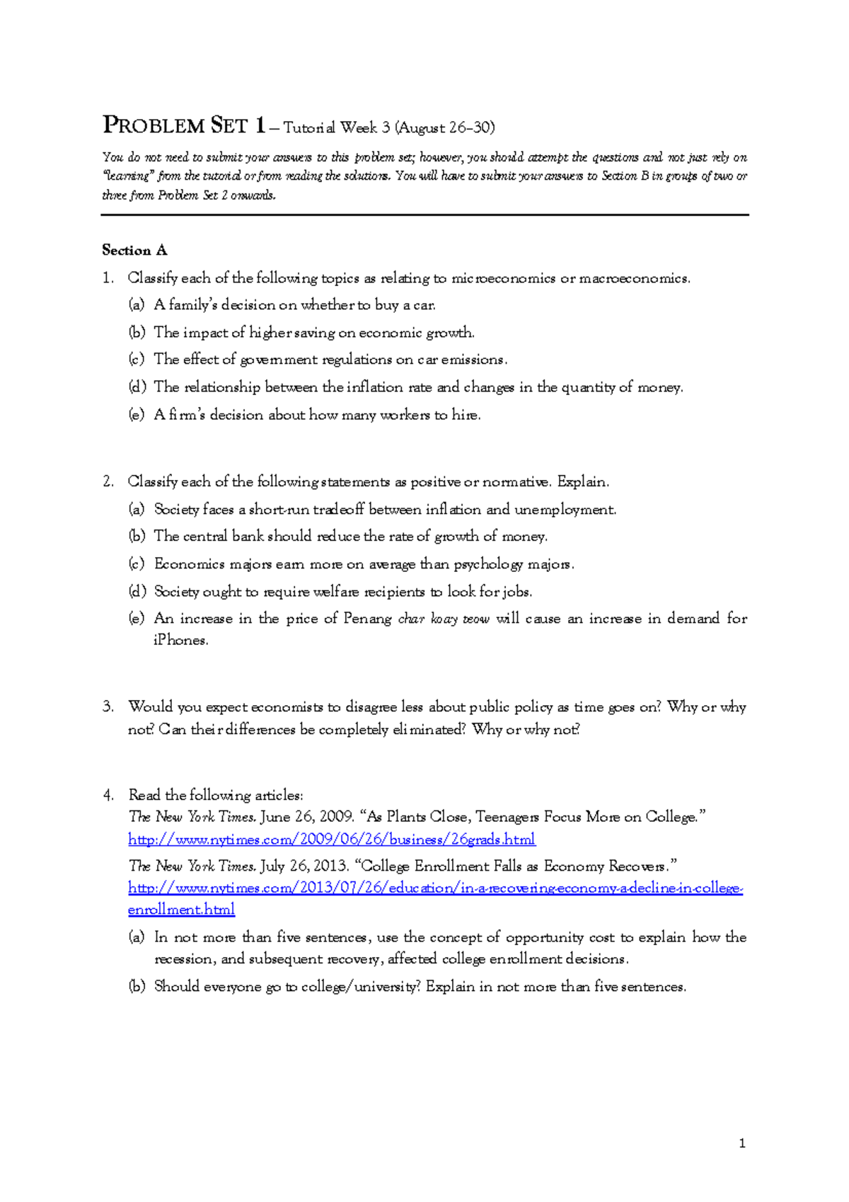 Problem Set 1 - PROBLEM S ET 1 — Tutorial Week 3 (August 2 6 – 30 ) You ...