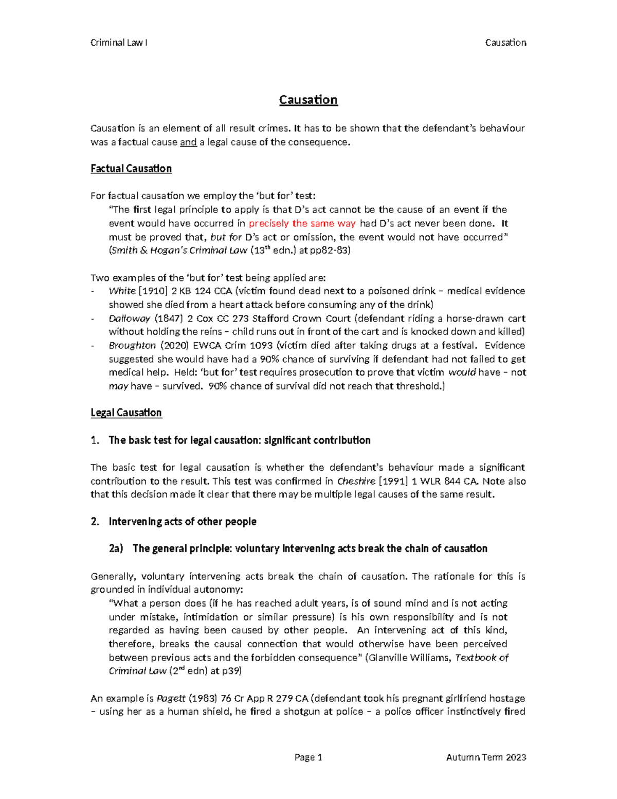 Causation Handout 2023 - Causation Causation Is An Element Of All ...