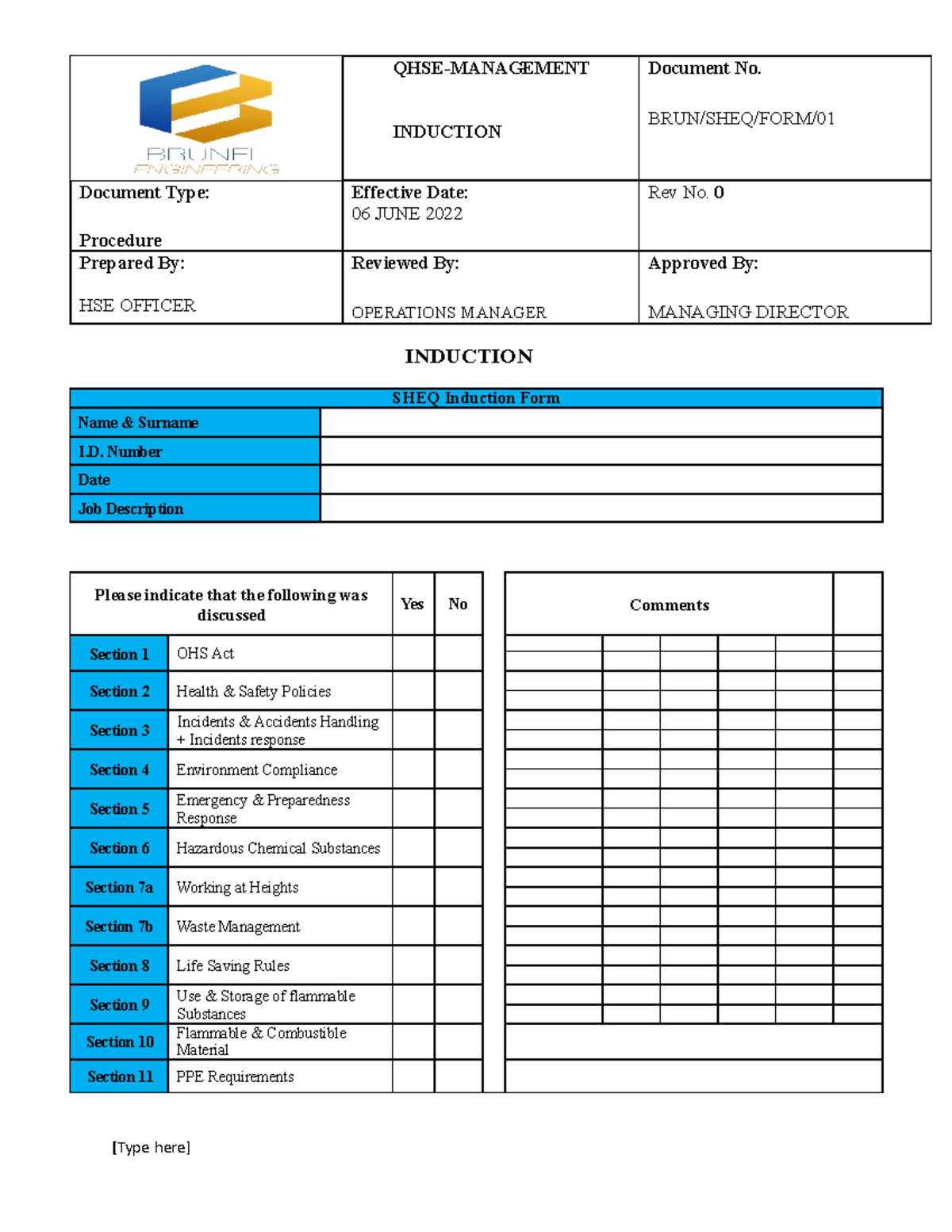 Induction Form Rev Qhse Management Induction Document No Brun Sheq Form Document Type