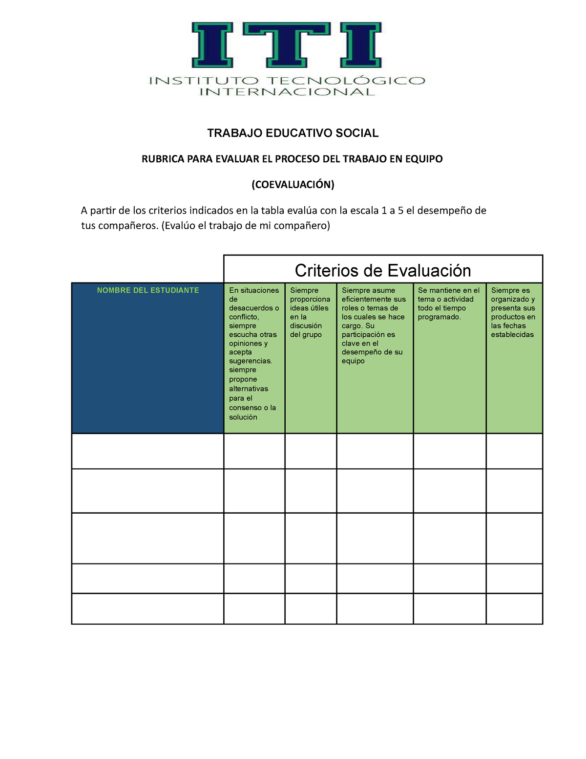 Rubrica De Coevaluacion Y Autoevaluacion - TRABAJO EDUCATIVO SOCIAL ...