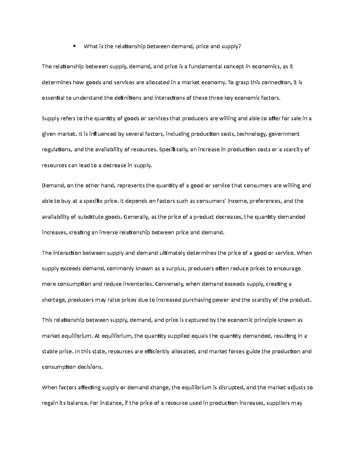 Relationship between supply and demand Essay What is the