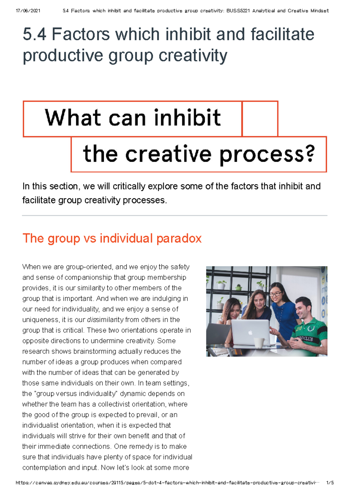 5.4 Factors which inhibit and facilitate productive group creativity ...