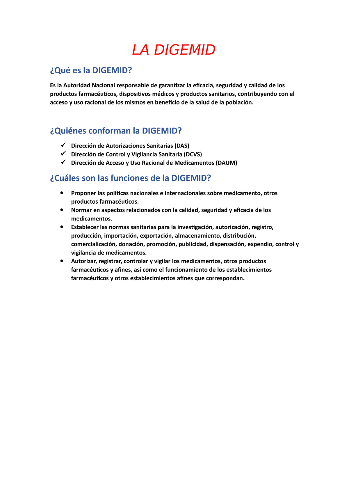 LA Digemid - LA DIGEMID ¿Qué Es La DIGEMID? Es La Autoridad Nacional ...