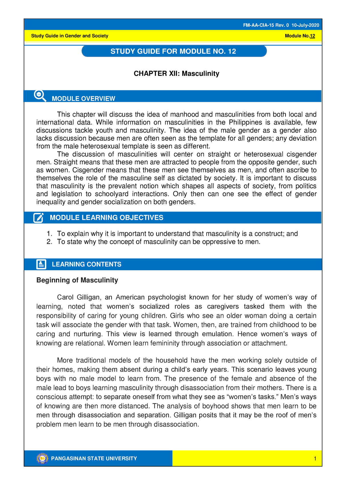 GEE2-Module-12 Masculinity - PANGASINAN STATE UNIVERSITY Study Guide In ...