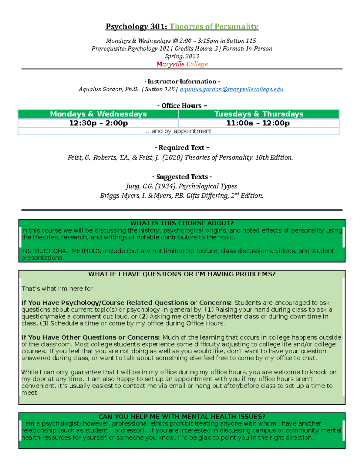 Personality Syllabus 301 - MW 2 - Psychology 301: Theories of ...