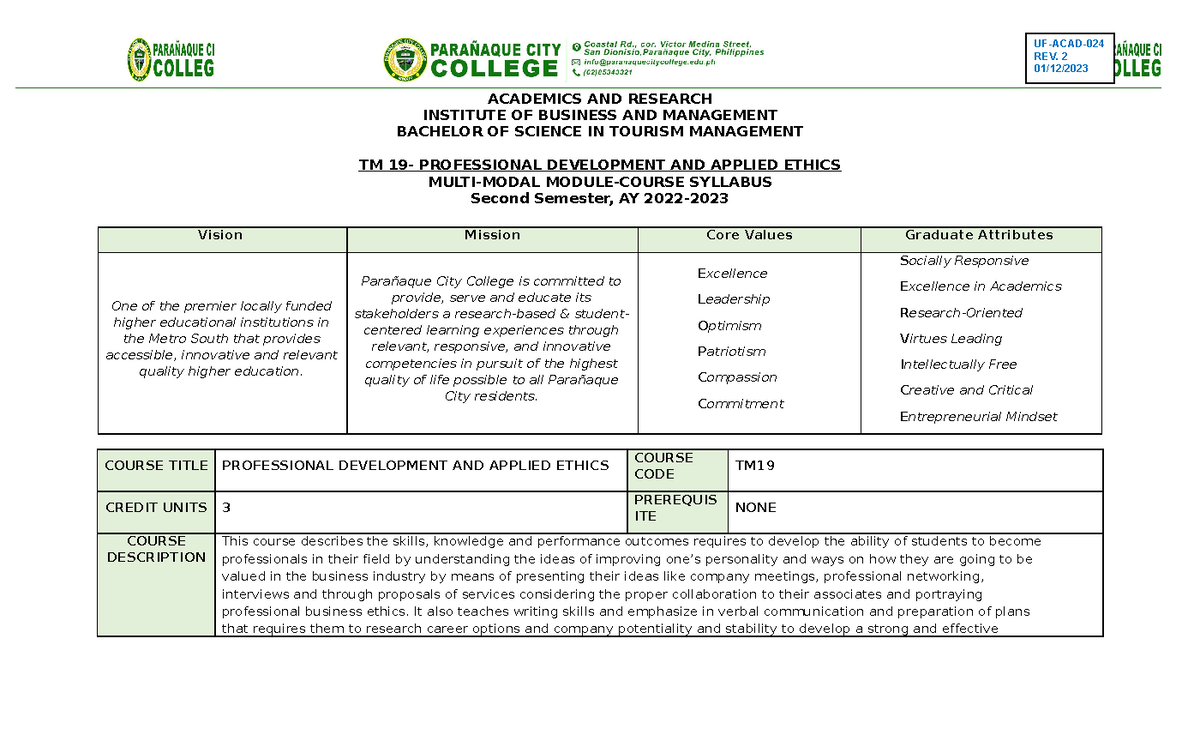 TM19 Professional Development AND Applied Ethics 1 - ACADEMICS AND ...