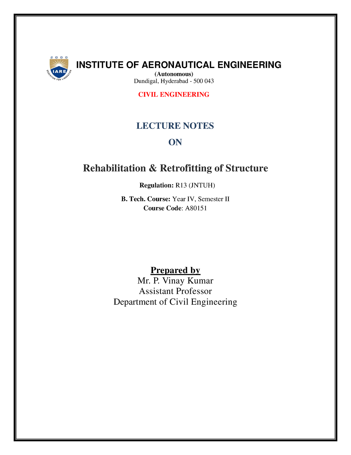 IARE RRS Lecture Notes 0 INSTITUTE OF AERONAUTICAL ENGINEERING