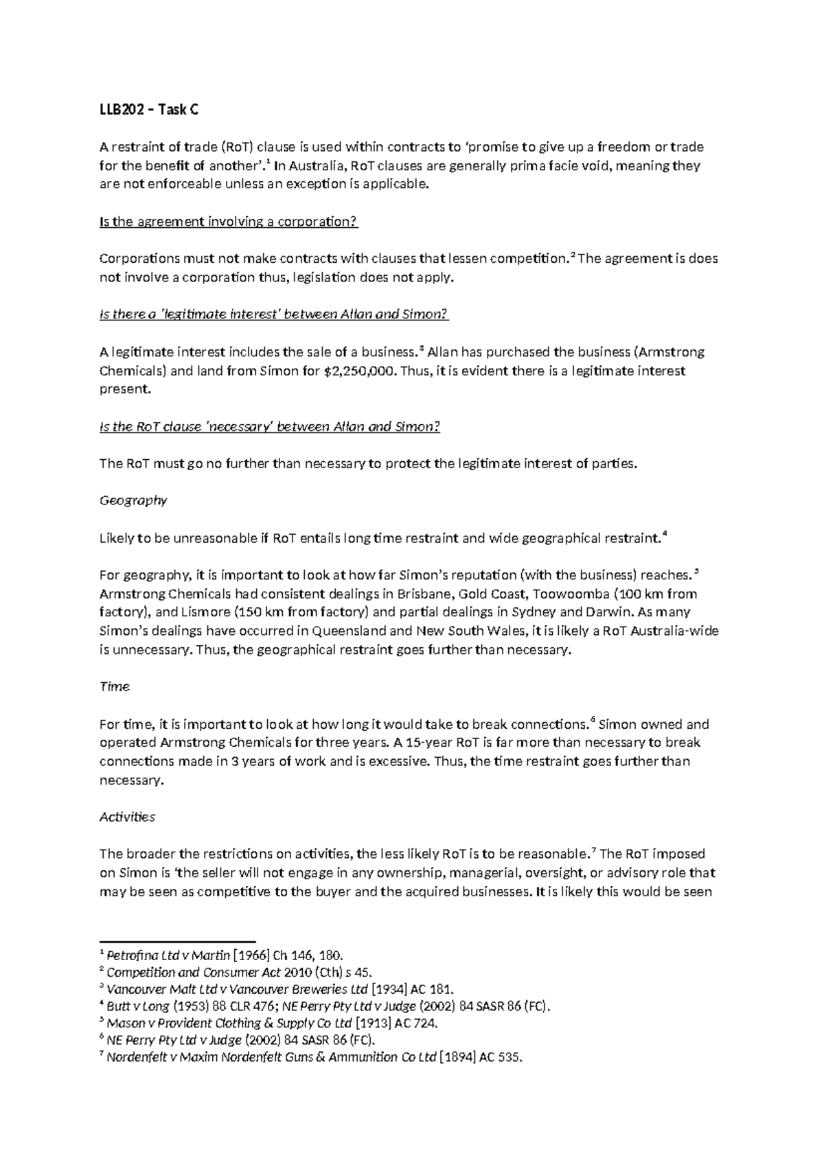 Task C Restraint of Trade - LLB202 – Task C A restraint of trade (RoT ...