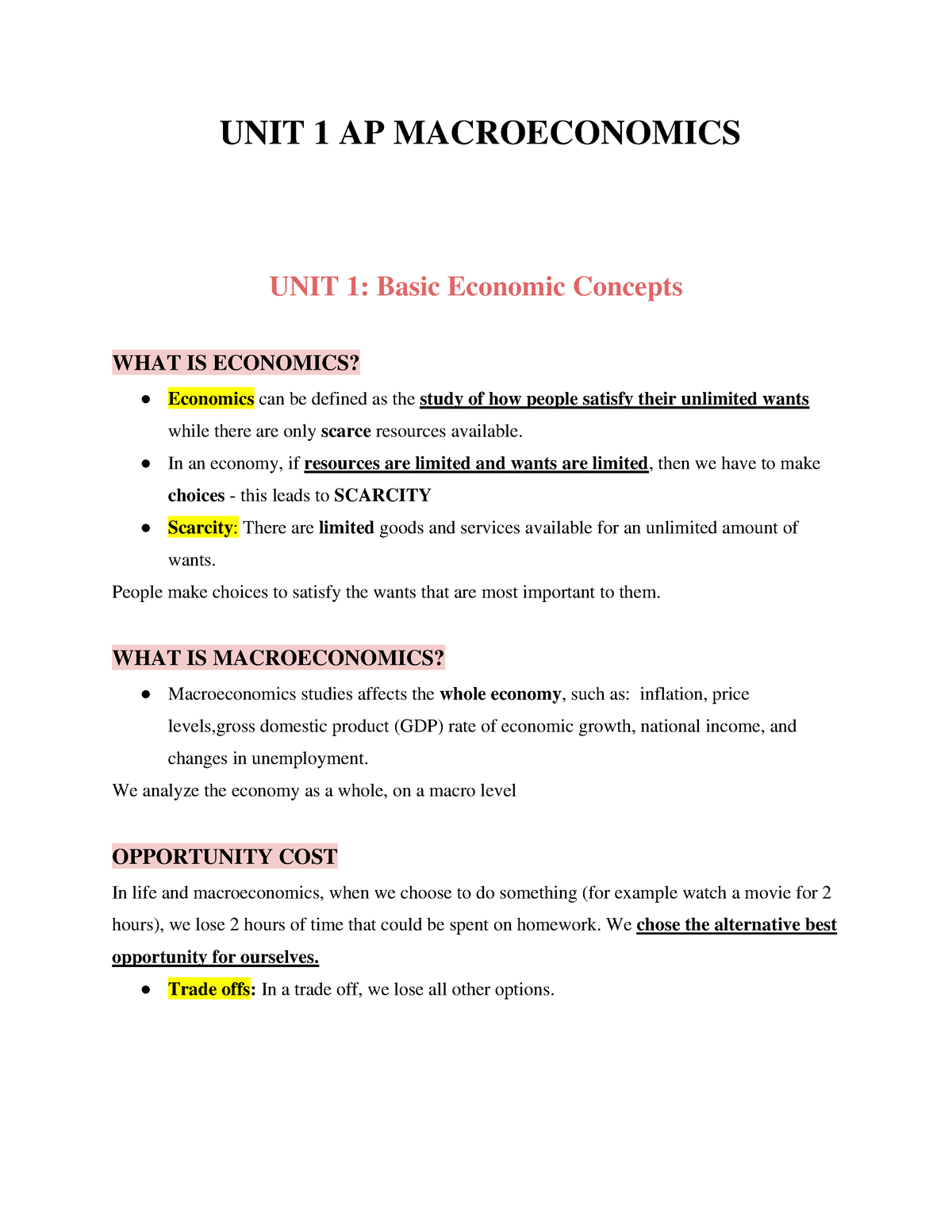 AP Macroeconomics Unit 1 Notes - UNIT 1 AP MACROECONOMICS UNIT 1: Basic ...