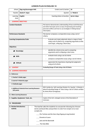 DLP-ENG10-Q1-MELC-7-WEEK 7 - LESSON PLAN IN ENGLISH 10 School Bag-ong ...