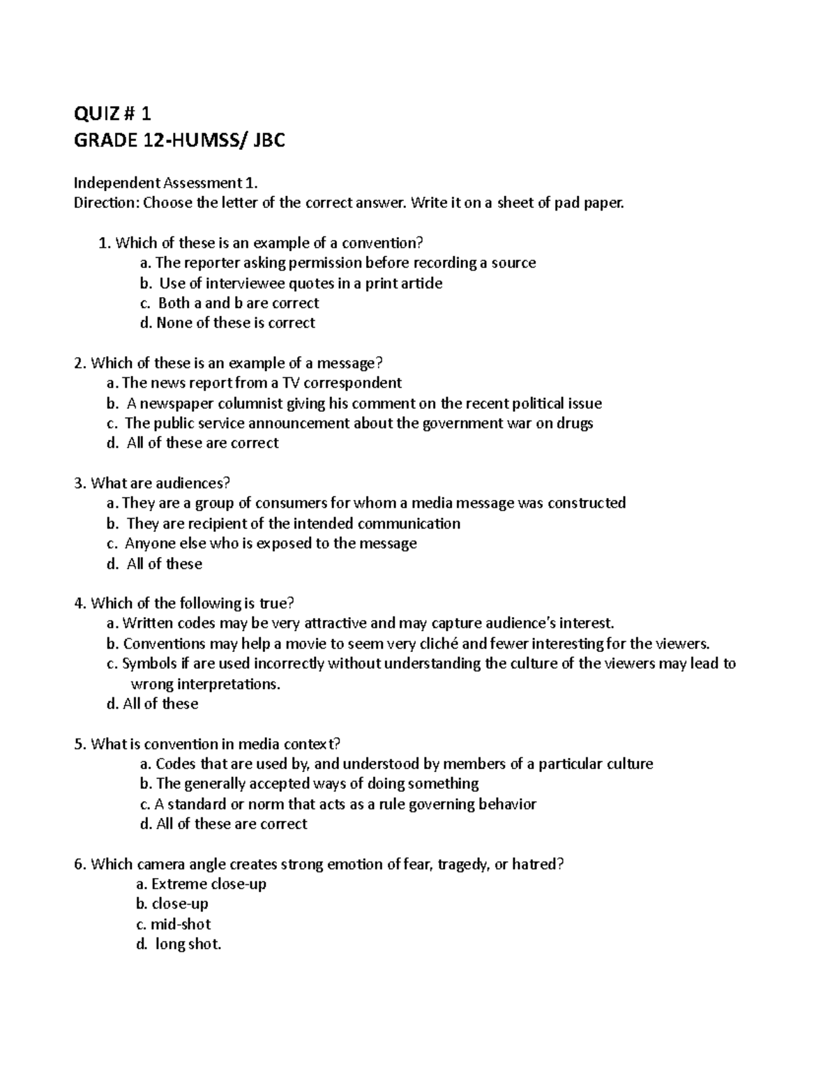 QUIZ NO.1 ( Group 1) an easy about life QUIZ 1 GRADE 12HUMSS