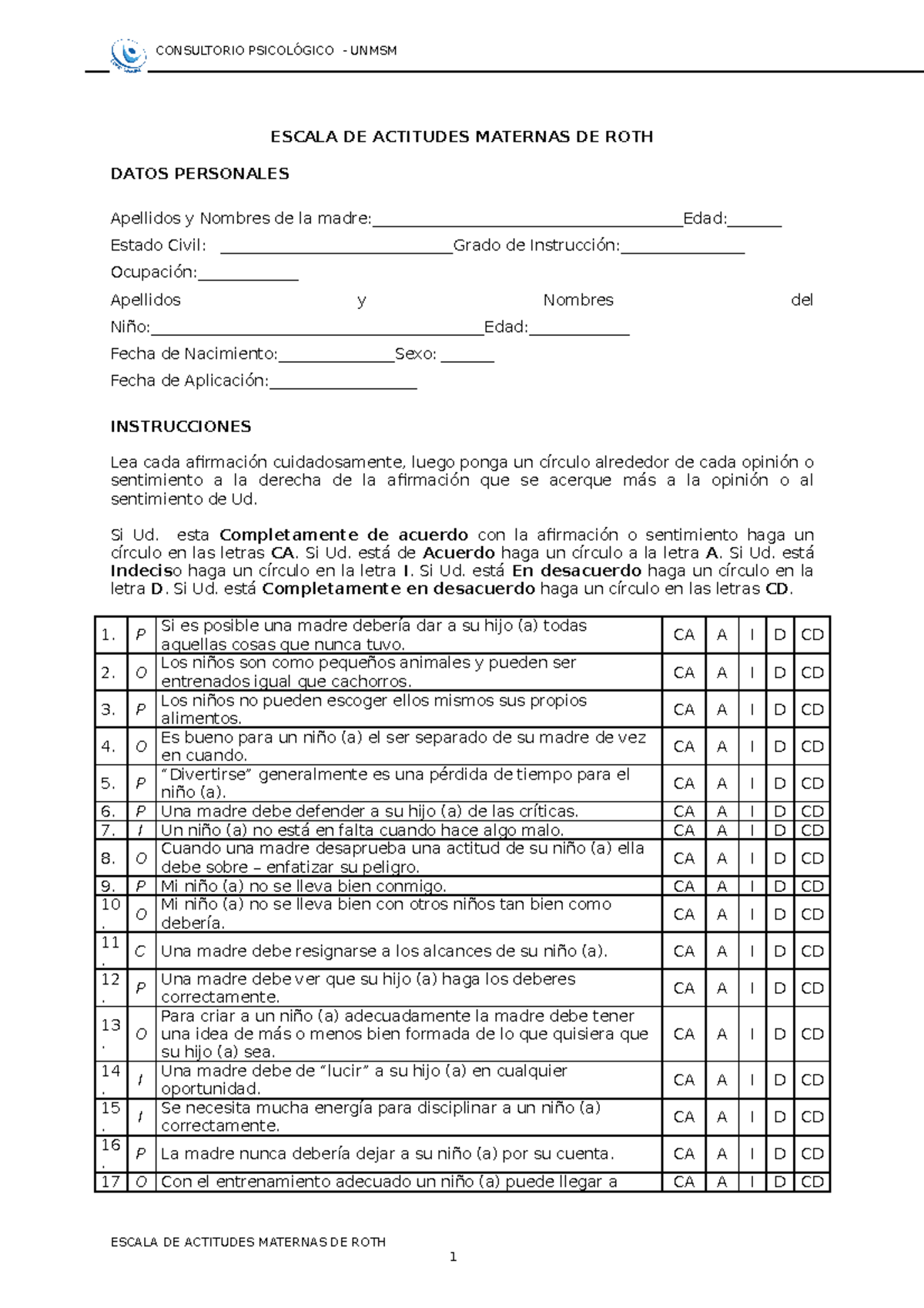 TEST DE ROTH PRUEBA DE EXPLORACIÓN DE ACTITUDES MATERNAS ESCALA DE