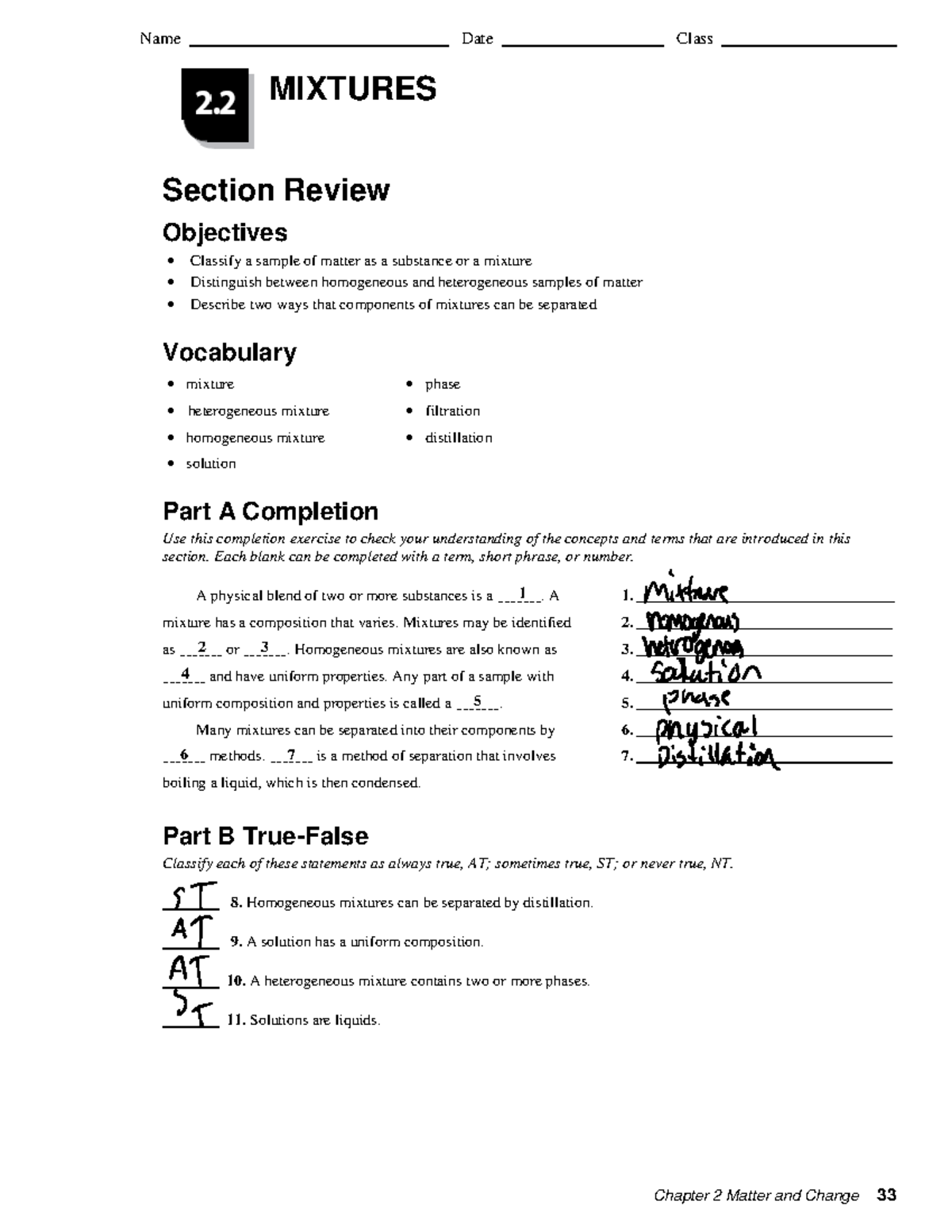 2-2 packet - Name Date Class MIXTURES Section Review Objectives ...